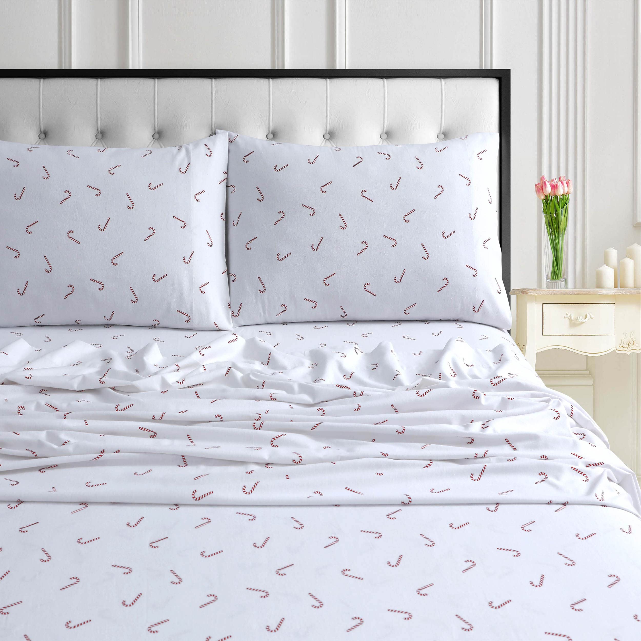Tribeca Living Ultra-Soft Flannel Sheet Set, 170-Gsm Cotton, Deep Pocket, Cozy Winter Bedding - Queen, Candy Cane Red