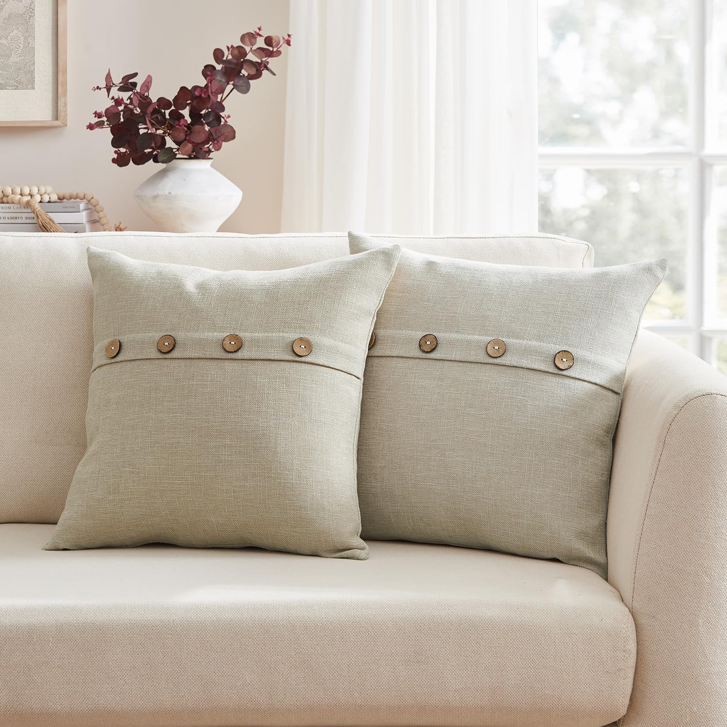 Meekio Set Of 2 Dark Flax Pillow Covers 18 X 18 Inches Farmhouse Pillow Covers With Coconut Buttons For Sofa Couch Living Room Bedroom Farmhouse Décor For The Home