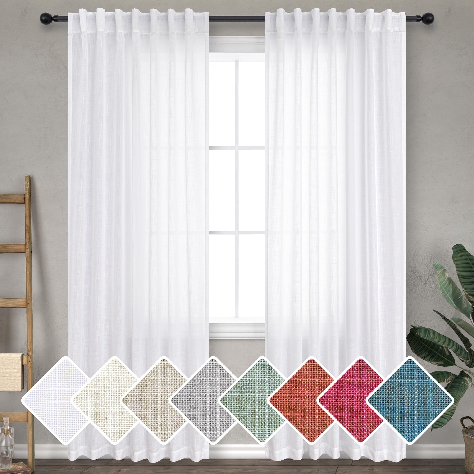 Dancurtaon White Semi Sheer Curtains 78 Inches Long 2 Panels Set For Living Room Back Tab Rod Pocket Soft White Linen Drapes Pre