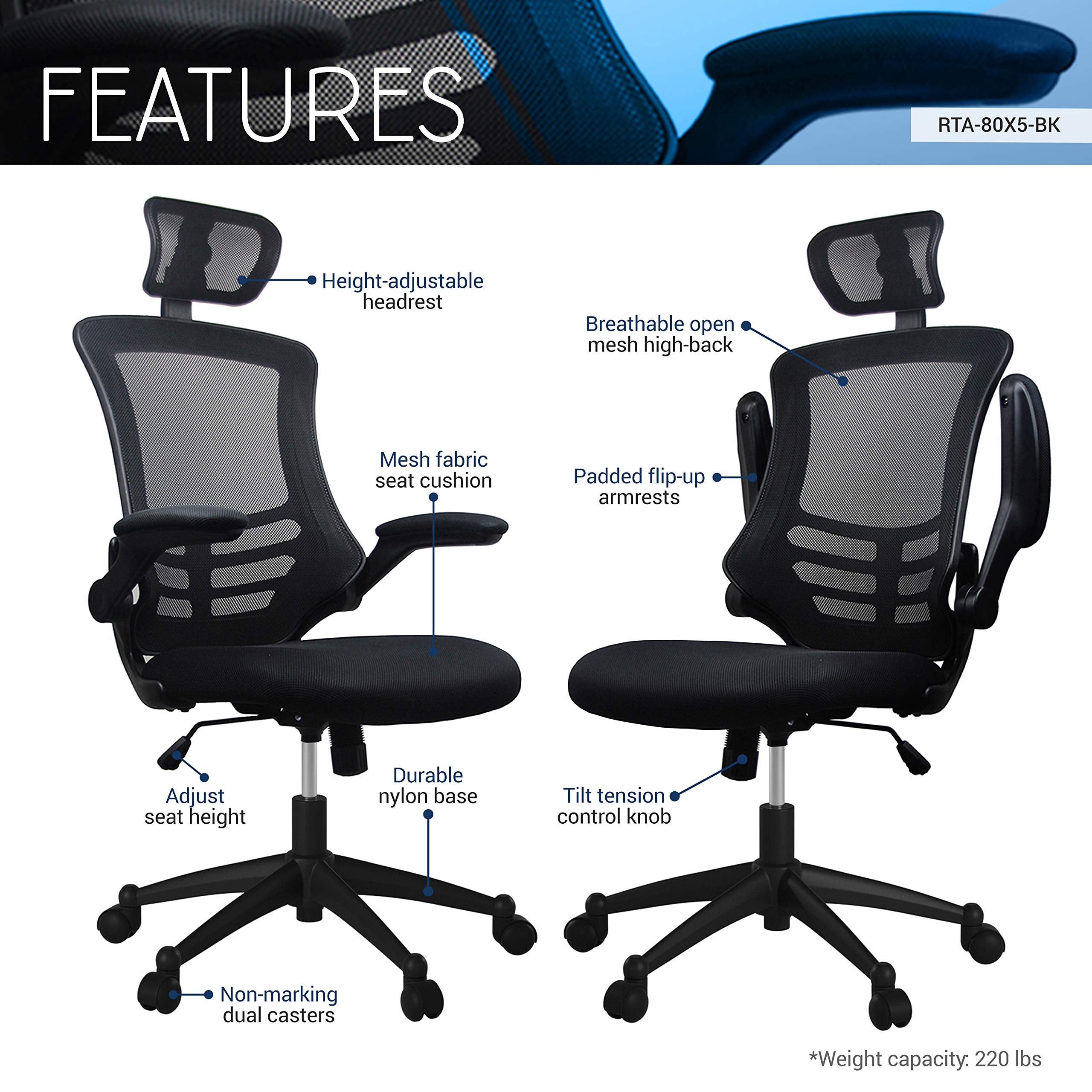 Techni Mobili Modern Ergonomic High-Back Office Chair, Executive Mesh Home Office Chair with Adjustable Headrest & Flip Up Arms, Black , 49.5&quot; x 26.37&quot; x 26.37&quot;