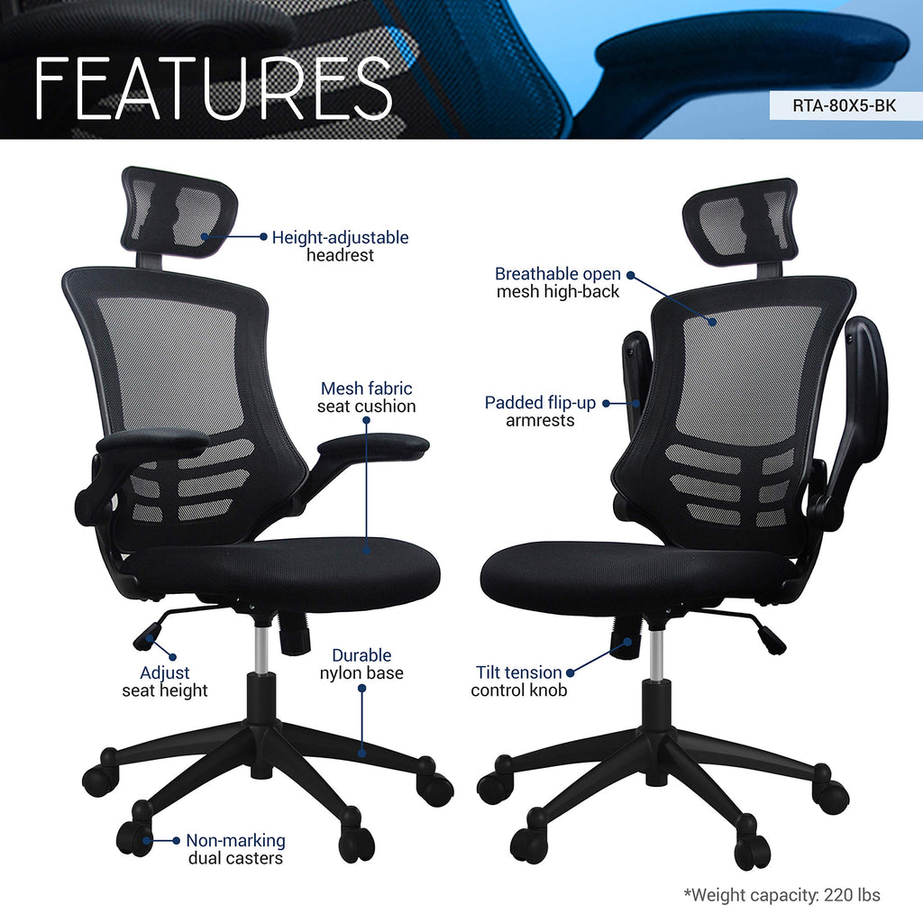 Techni Mobili Modern Ergonomic High-Back Office Chair, Executive Mesh Home Office Chair with Adjustable Headrest & Flip Up Arms, Black , 49.5" x 26.37" x 26.37"