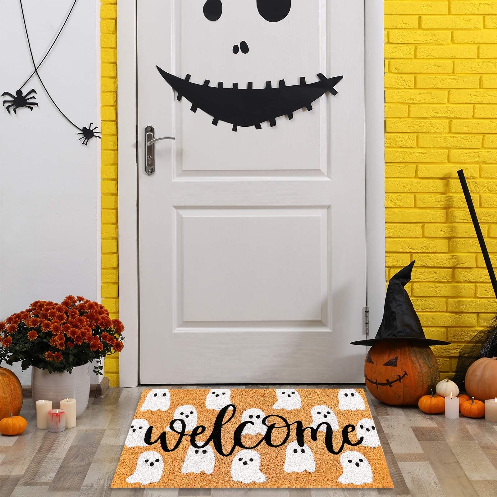 Jarthenaamcs Halloween Natural Coir Doormat Cute Ghost Welcome Floor Mat Non-Slip Entrance Door Rugs For Indoor Outdoor Bathroom