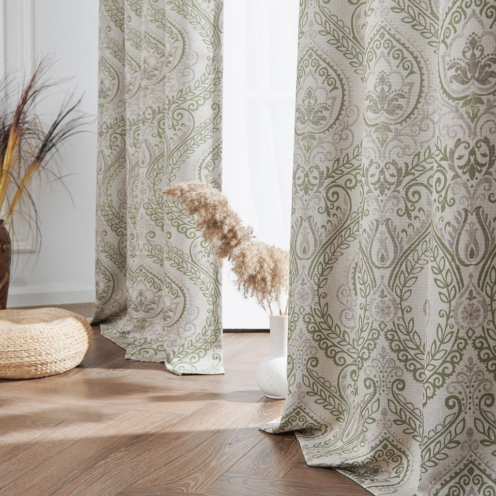 Jinchan Linen Textured Curtains For Living Room Darkening 90 Inch Length, Medallion Drapes For Bedroom, Damask Pattern Window Treatments Vintage Curtain Panels, 2 Panels Sage Green On Greige