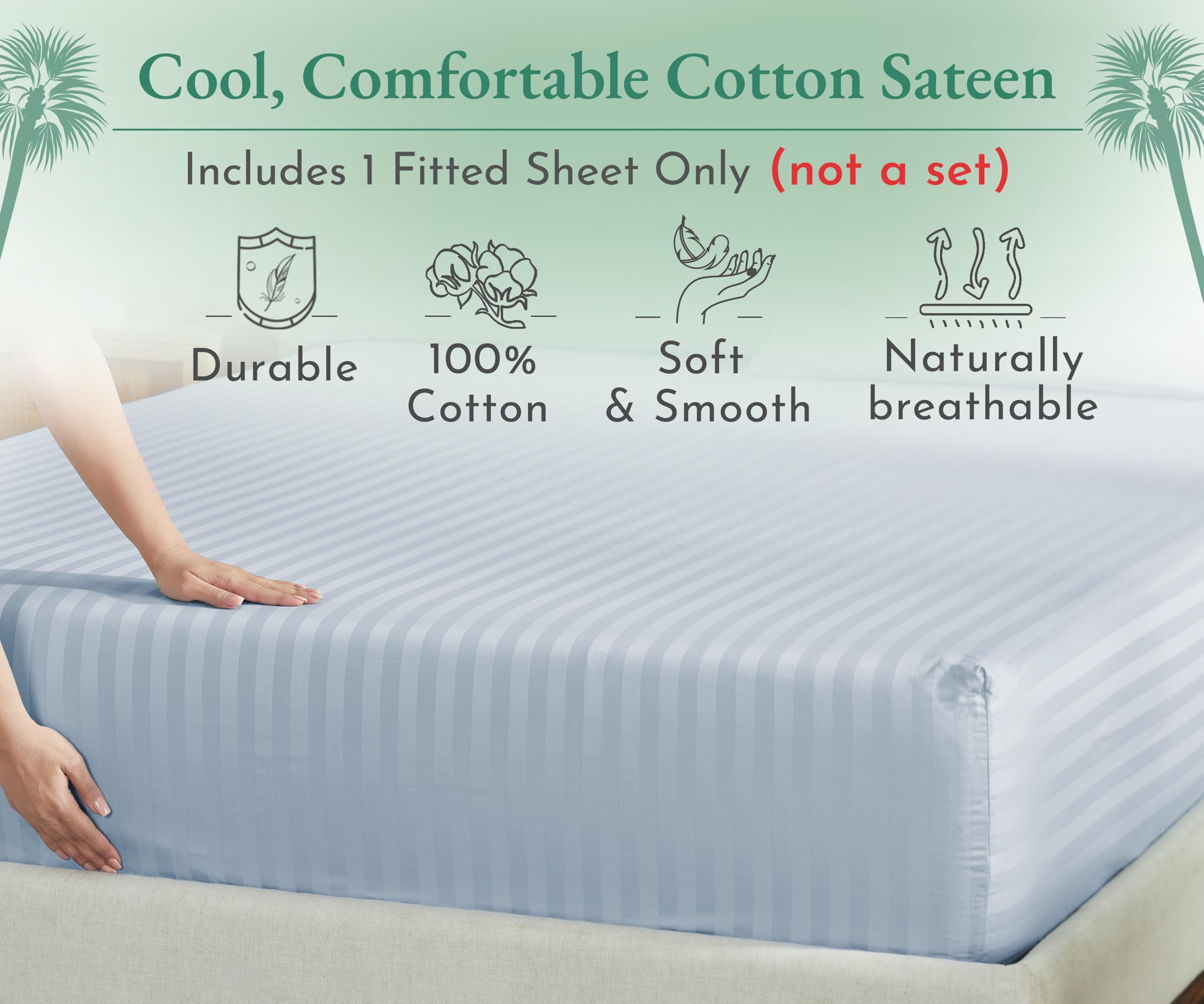 California Design Den Luxury Cotton Sateen Damask Stripe King Size Fitted Sheet Only - Soft 100% Cotton Sateen, Deep Pocket Bottom Fitted Sheet, Hotel Quality With A Foot Side Indicator - Light Blue