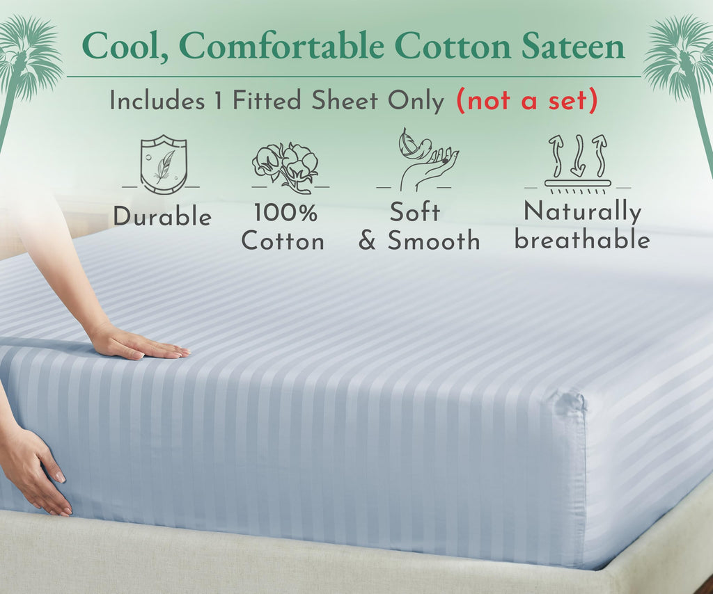 California Design Den Luxury Cotton Sateen Damask Stripe King Size Fitted Sheet Only - Soft 100% Cotton Sateen, Deep Pocket Bottom Fitted Sheet, Hotel Quality With A Foot Side Indicator - Light Blue