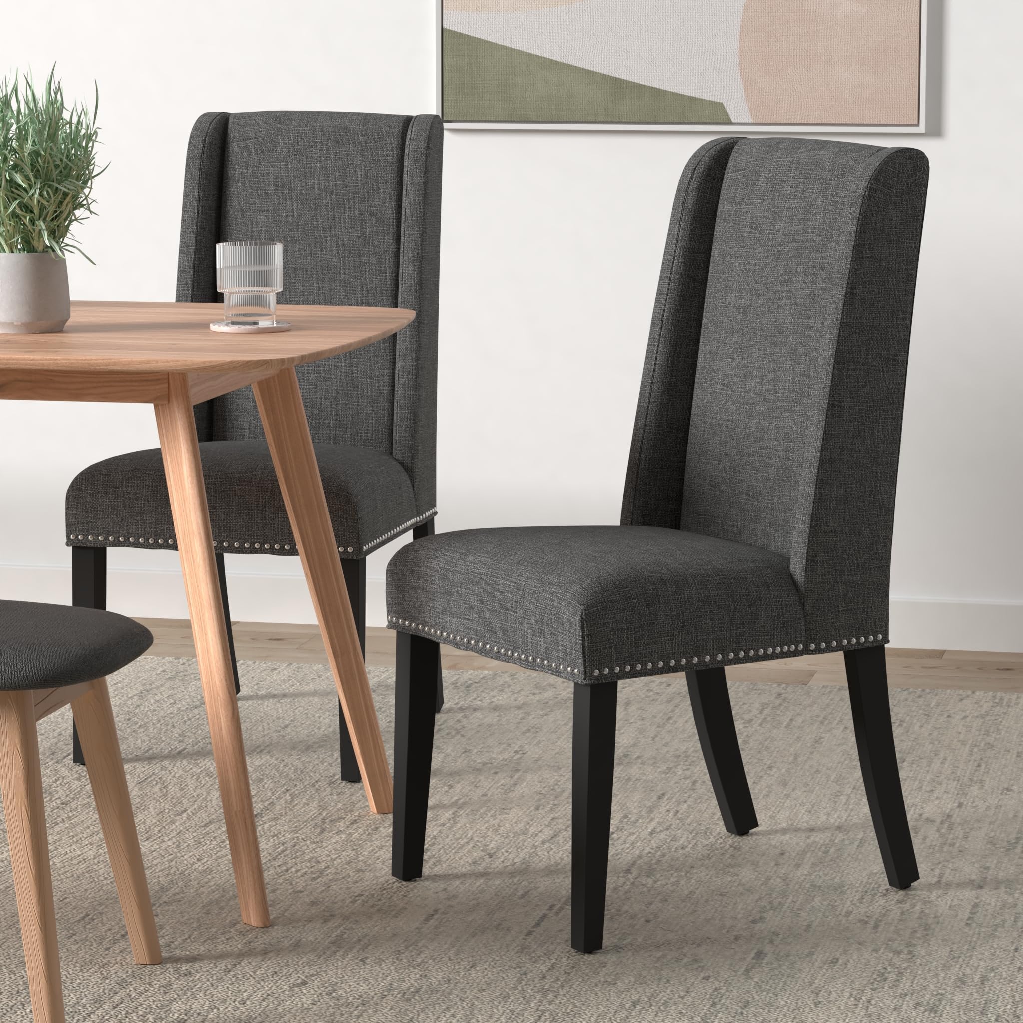 Modway Baron Modern Tall Back Wood Upholstered Fabric Two Dining Chairs In Gray