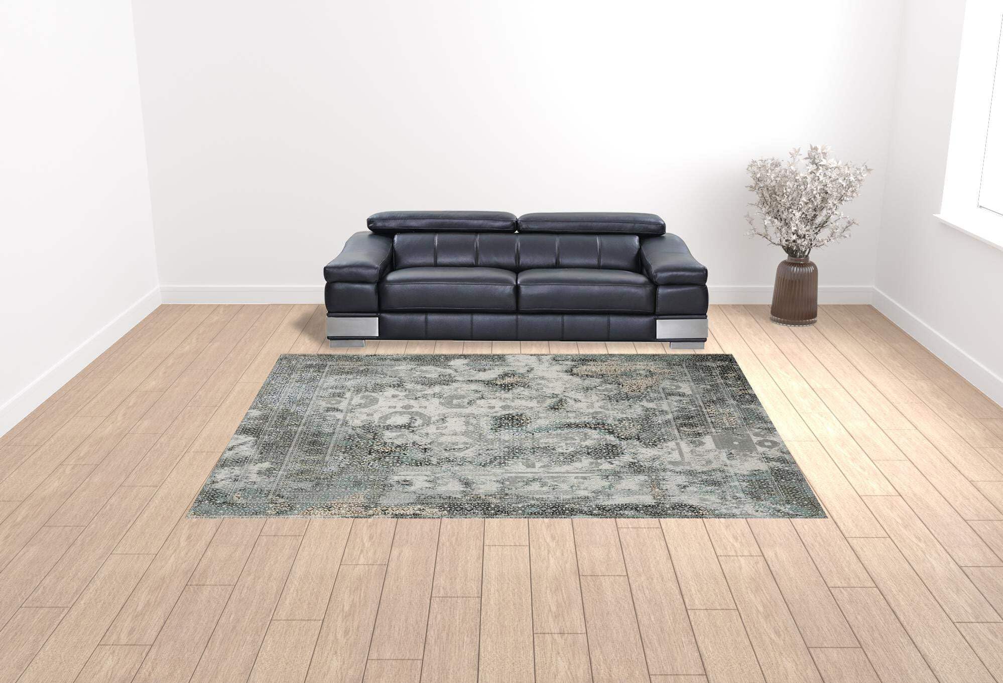 HomeRoots 508915 10 x 13 ft. Ivory Gray Charcoal Blue & Rust Oriental Power Loom Stain Resistant Rectangle Area Rug