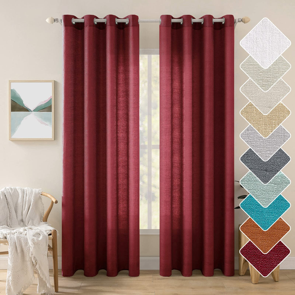 MIULEE Burgundy Red Faux Linen Textured Semi Sheer Curtains for Bedroom Living Room 84 Inches Length 2 Panels Set Grommet Light 