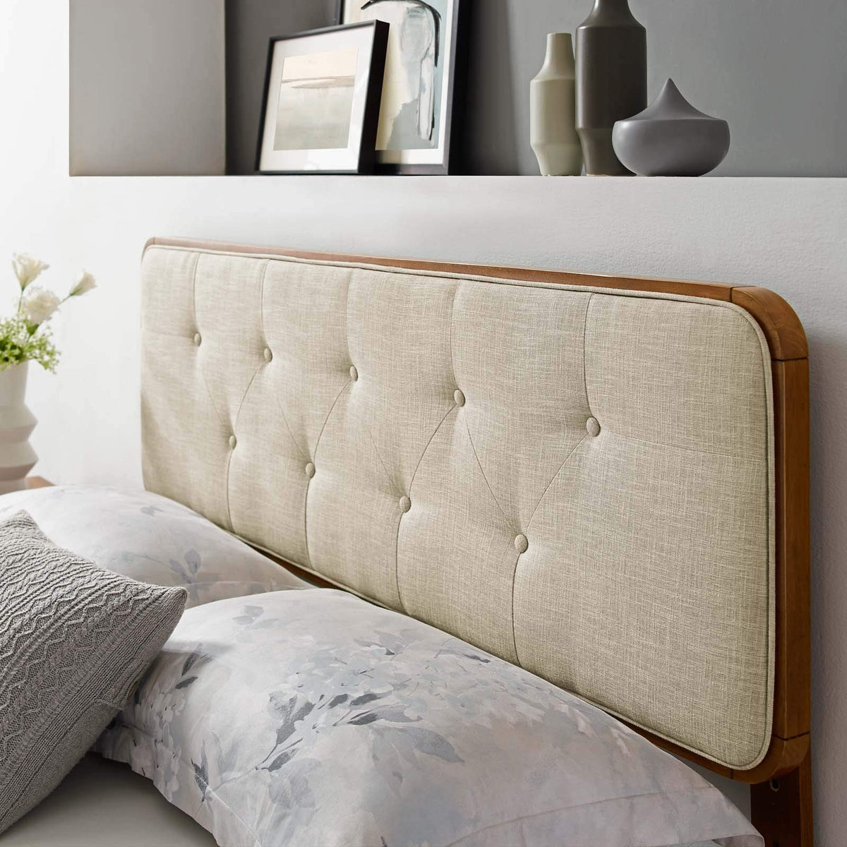 Modway Collins Tufted Twin Fabric And Wood Headboard In Walnut Beige