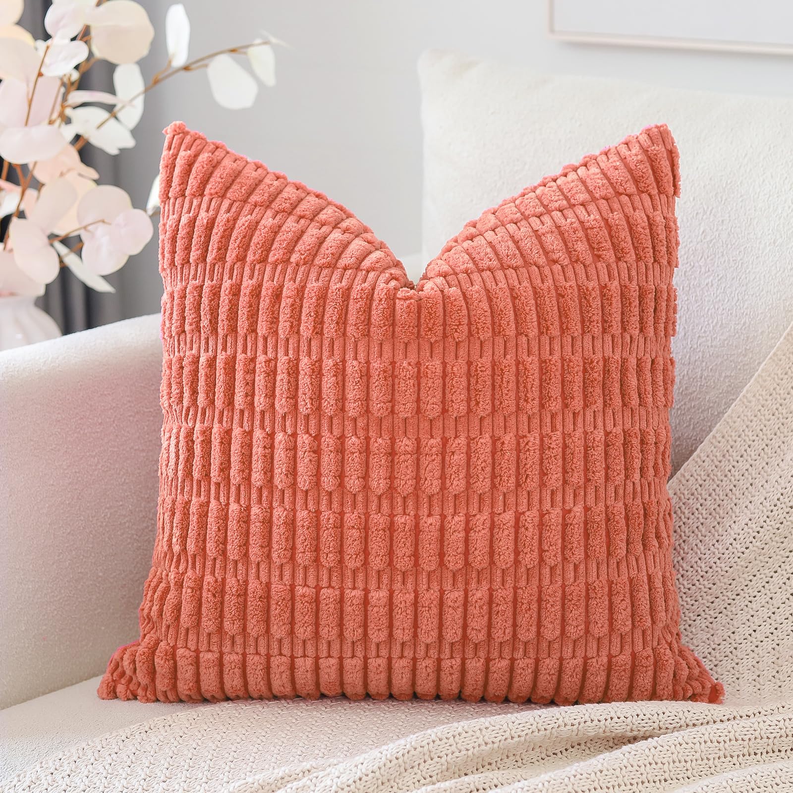 Otostar Corduroy Decorative Throw Pillow Covers 22X22 Inch Super Soft Boho Striped Square Pillow Covers Case Modern Cushion Covers For Sofa Couch Bedroom Car Decor Coral