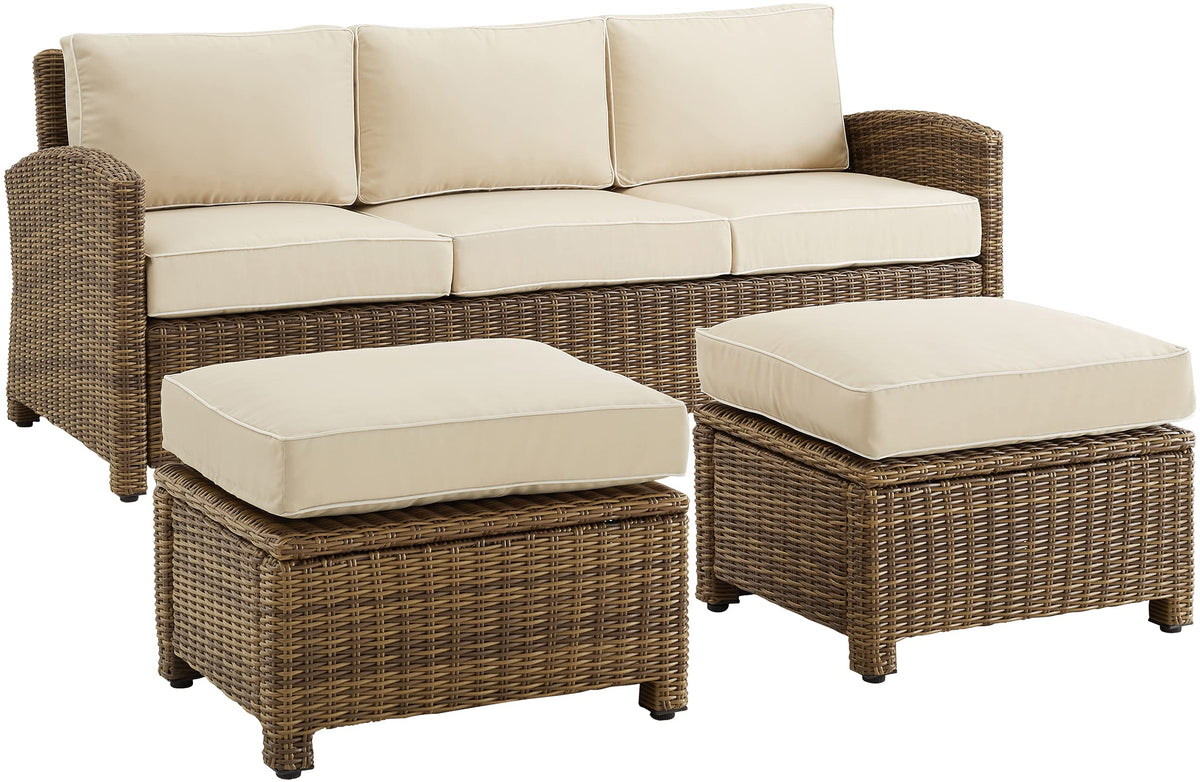 Crosley Furniture Bradenton 3-Piece Outdoor Sofa Patio Furniture Set, Wicker Conversation Sets for Porch, Brown with Sand Cushions