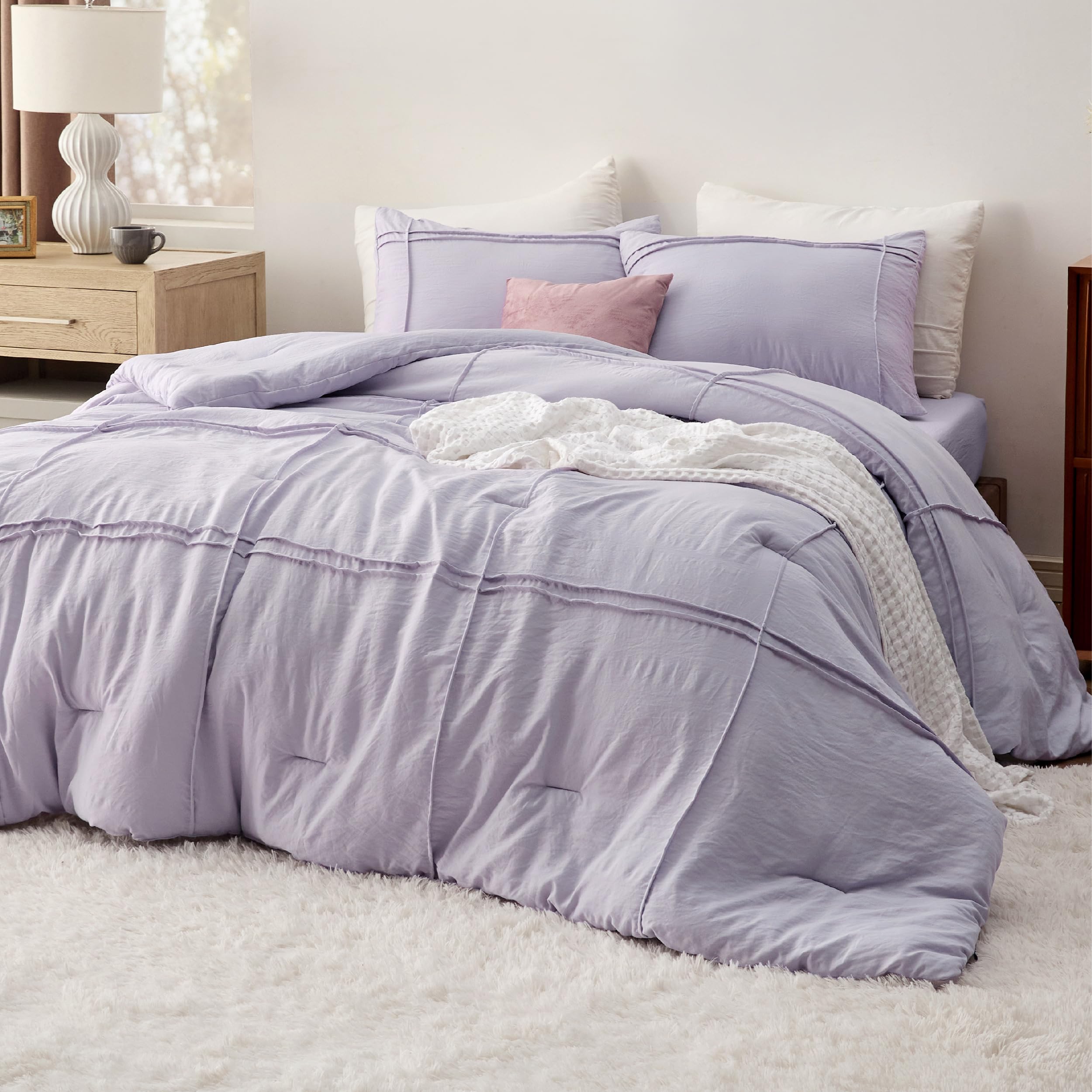 Bedsure Queen Comforter Set With Sheet - 4 Pieces Soft Light Purple Bedding Sets, Grid Pinch Pleat, All Season Lightweight Fluffy Bed Set With Solid Boho Comforter, Pillowcases & Sheet
