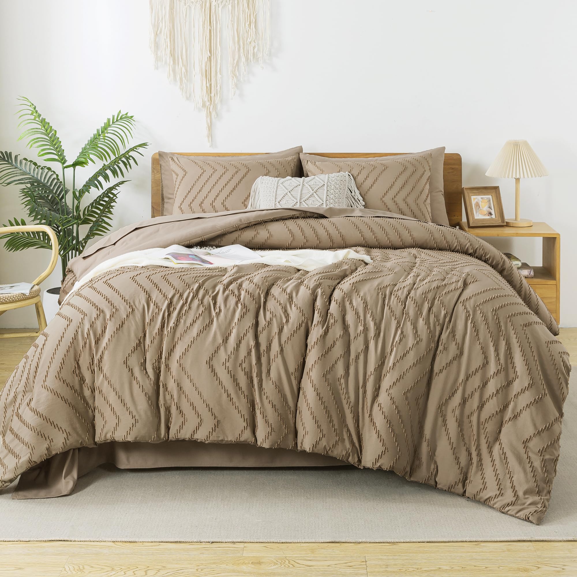 Litanika Taupe California King Size Comforter Set With Sheets - 7 Pieces Bed In A Bag California King Boho Tufted Complete Beddd