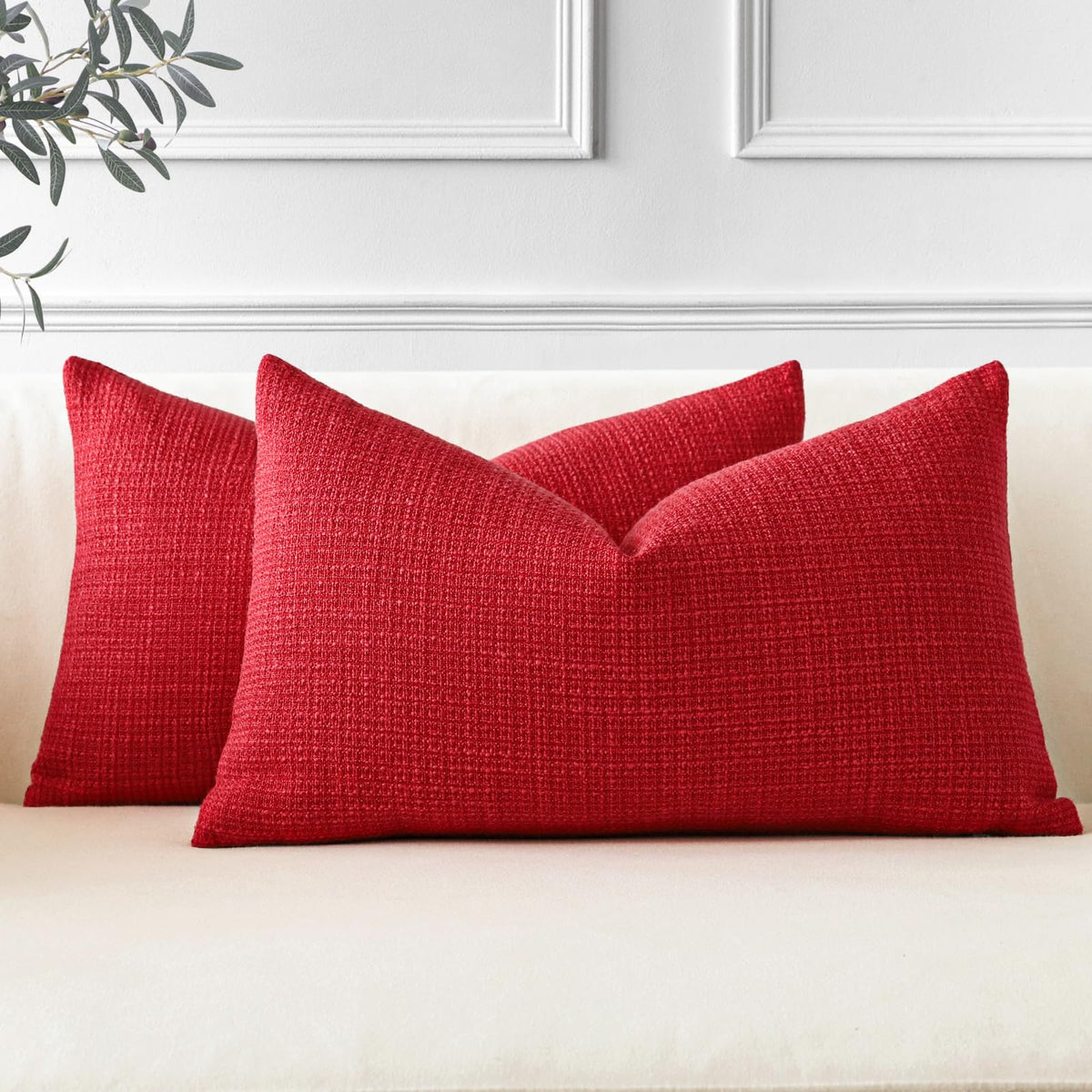 Otostar Pack Of 2 Throw Pillow Covers 12X20 Inch Linen Red Pillowcases Christmas Decorative Solid Pillow Covers 30X50 Cm Lumbar