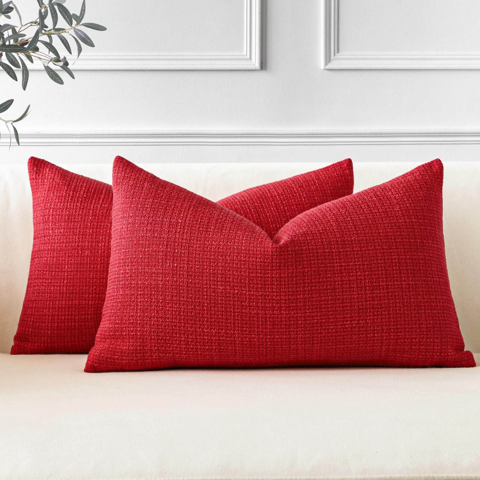 Otostar Pack Of 2 Throw Pillow Covers 12X20 Inch Linen Red Pillowcases Christmas Decorative Solid Pillow Covers 30X50 Cm Lumbar