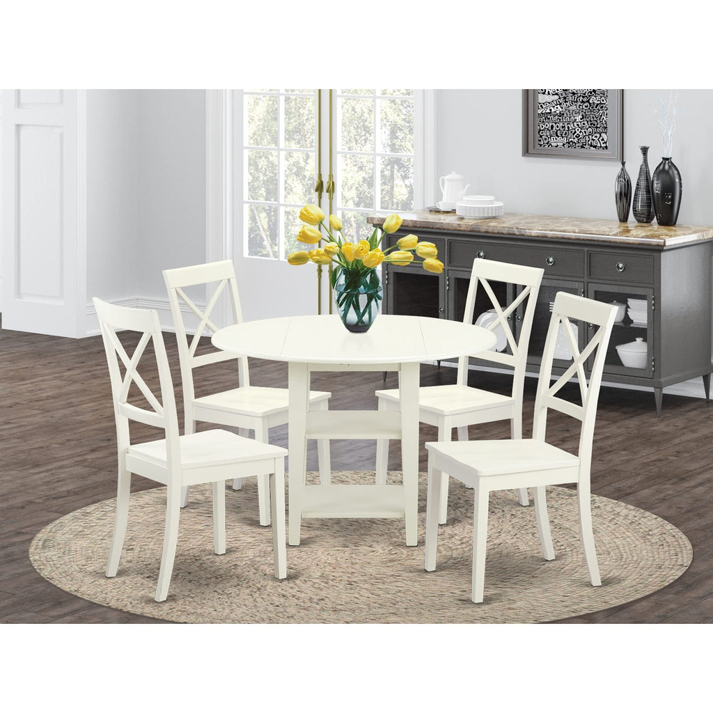 East West Furniture SUBO5-LWH-W 5 Piece Dining Set Includes a Round Dining Room Table with Dropleaf & Shelves and 4 Wood Seat Chairs, 42x42 Inch, Linen White