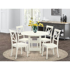 East West Furniture SUBO5-LWH-W 5 Piece Dining Set Includes a Round Dining Room Table with Dropleaf & Shelves and 4 Wood Seat Chairs, 42x42 Inch, Linen White