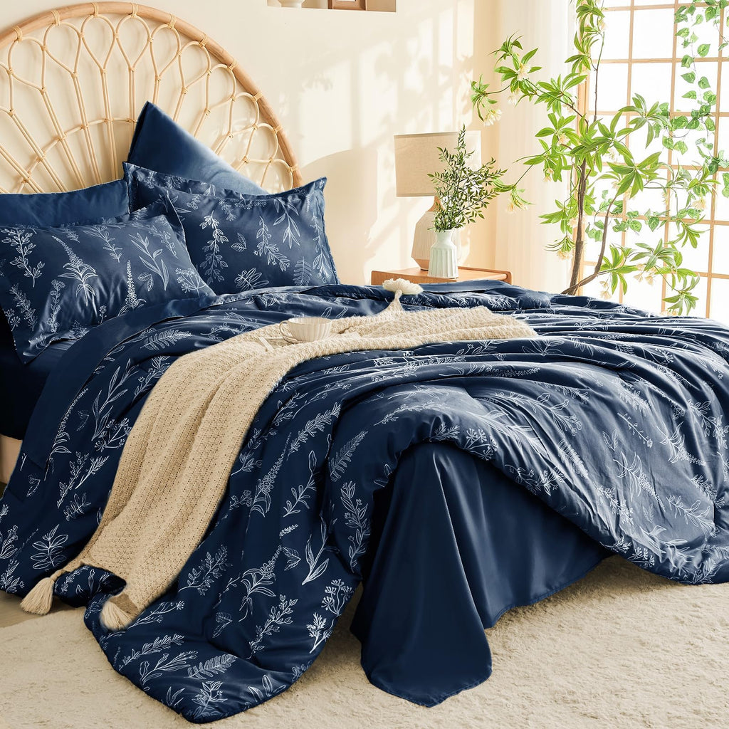 Muxhomo Navy Blue Full Comforter Set, Elegant Floral Print Bed In A Bag 7 Pieces, Ultra Soft & Breathable Reversible Botanical P