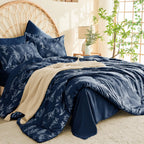 Muxhomo Navy Blue Full Comforter Set, Elegant Floral Print Bed In A Bag 7 Pieces, Ultra Soft & Breathable Reversible Botanical P