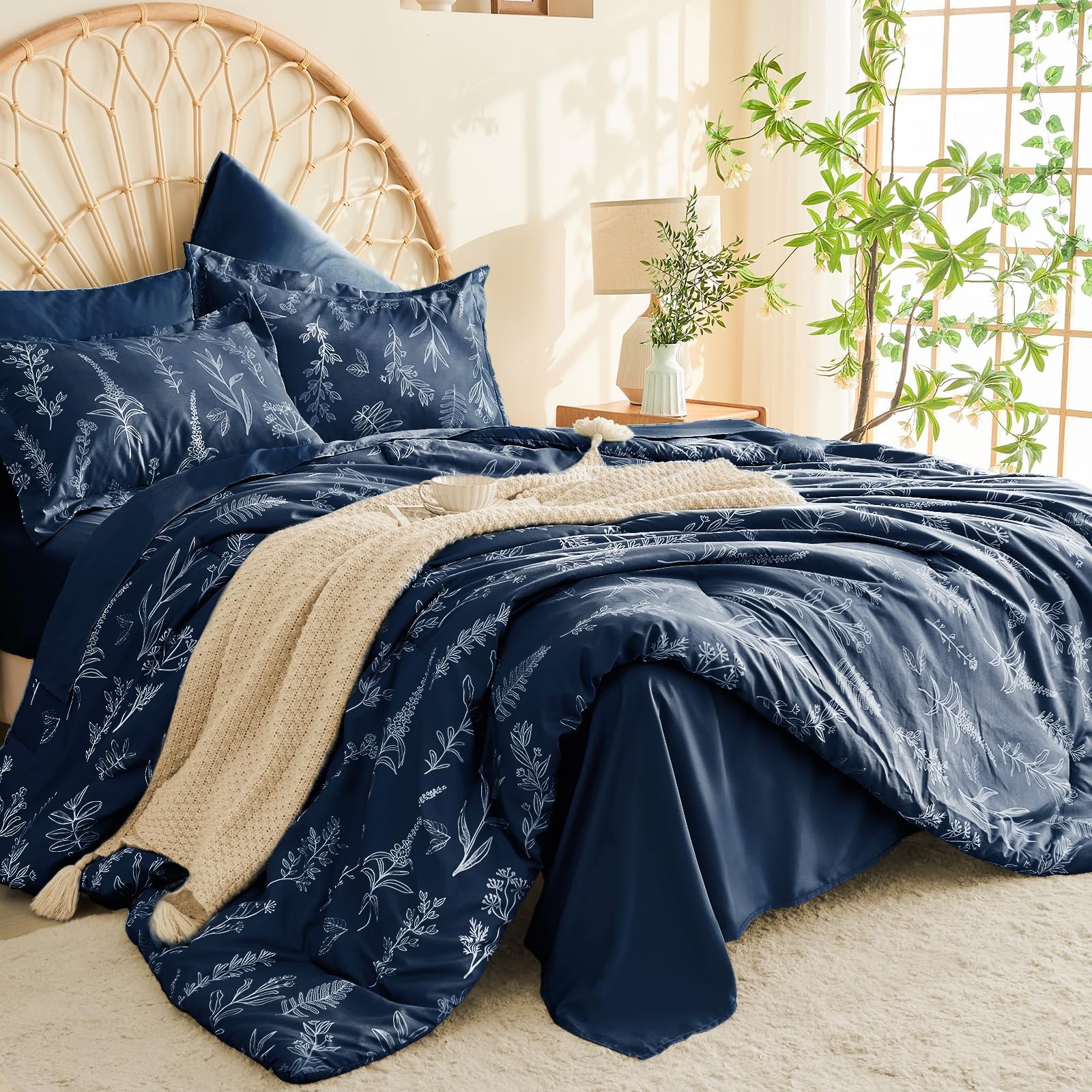 Muxhomo Navy Blue Full Comforter Set, Elegant Floral Print Bed In A Bag 7 Pieces, Ultra Soft & Breathable Reversible Botanical P