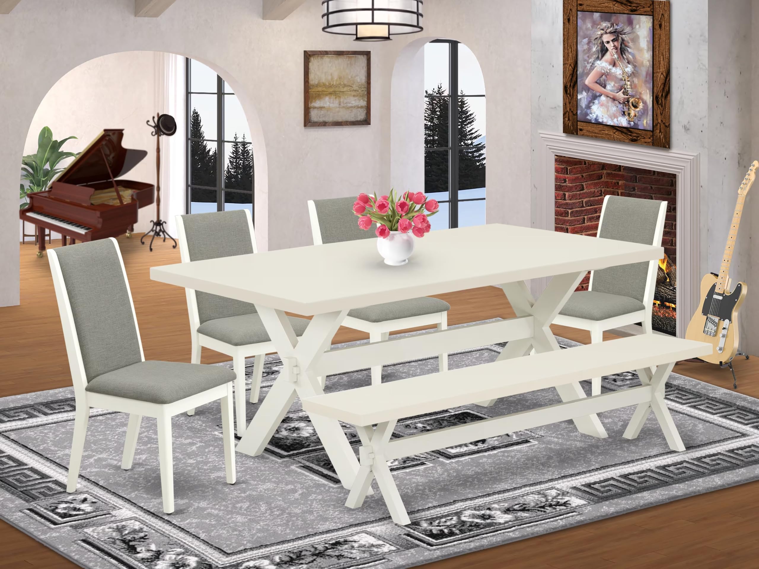 East West Furniture X027La206-6 6 Piece Dining Set Contains A Rectangle Dining Room Table With X-Legs And 4 Shitake Linen Fabric Parson Chairs With A Bench, 40X72 Inch, Multi-Color