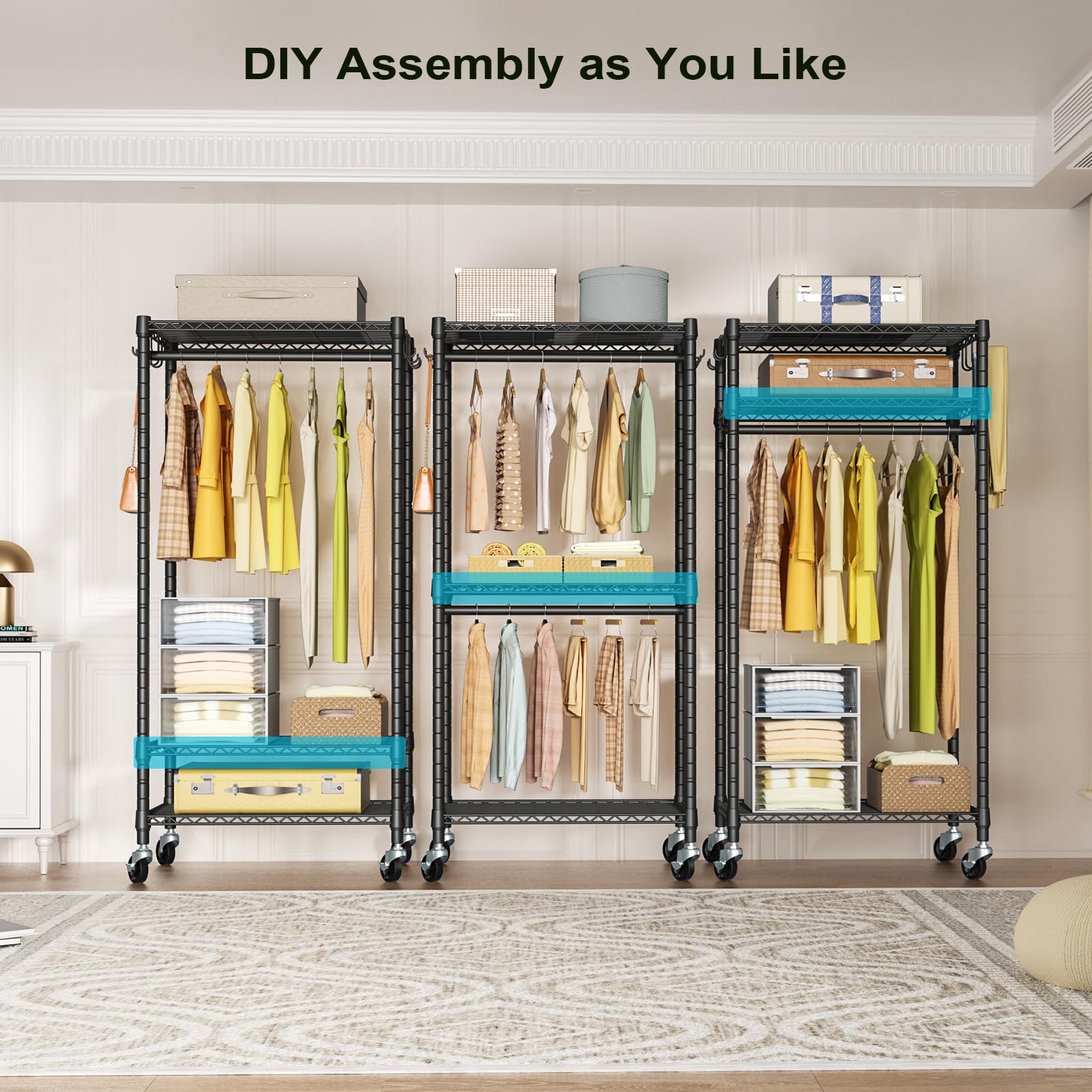 Futassi P3 Mini Rolling Clothes Rack, Clothing Racks For Hanging Clothes, Heavy Duty Garment Rack With Wheels, Freestanding Port
