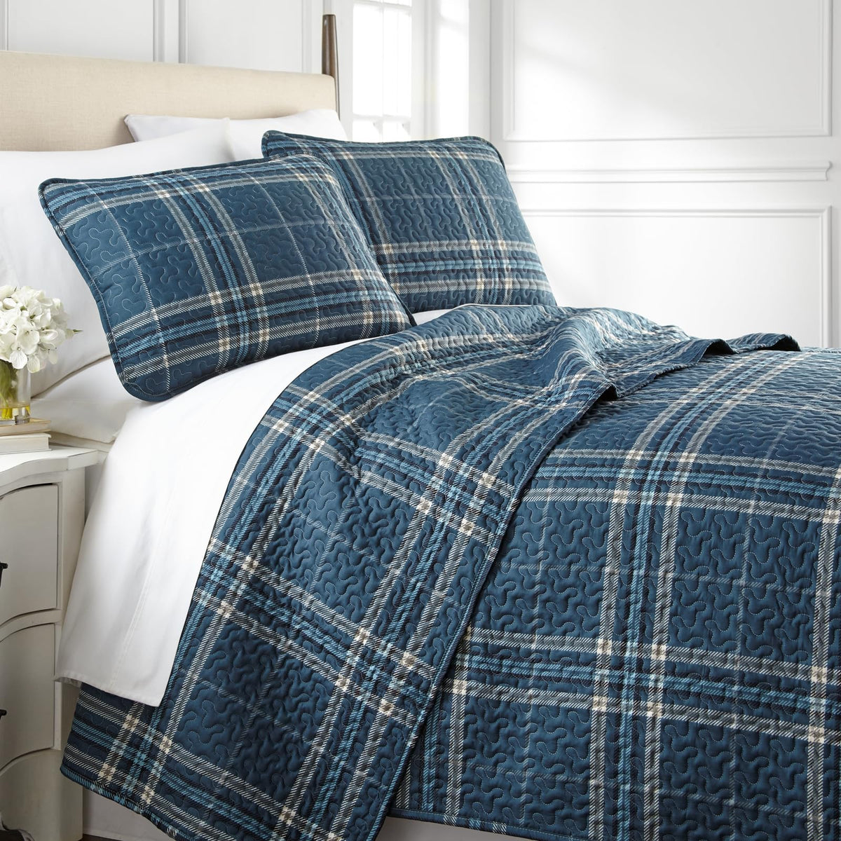 Southshore Fine Living, Inc. Oversized Queen Quilt Bedding Set, 3-Piece, Full Or Queen Size Plaid Quilt With 2 Shams, Lightweigh
