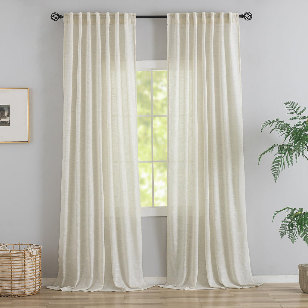 120 Inches Extra Long Linen Curtains Living Room,1 Pair Back Tab Neutral Farmhouse Light Filtering Semi Sheer Boho Linen Curtains,Floor To Ceiling Large Window Patio Sliding Door 10 Feet Drapery,Cream