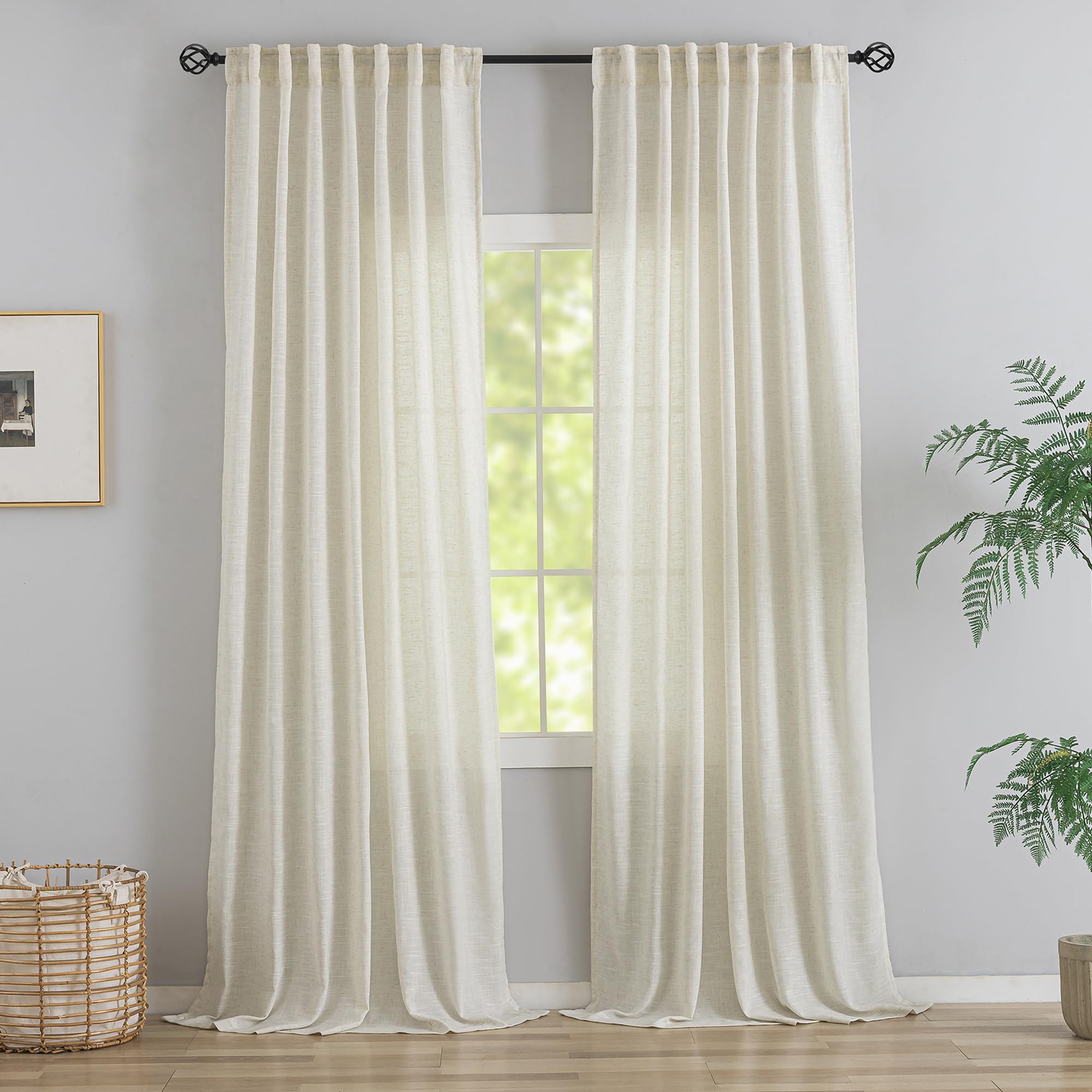 94 Inch Length Curtains Natural Linen Back Tab Hook Belt Loops Privacy Semi Sheer Living Room Curtains,2 Panels Ivory White Mode