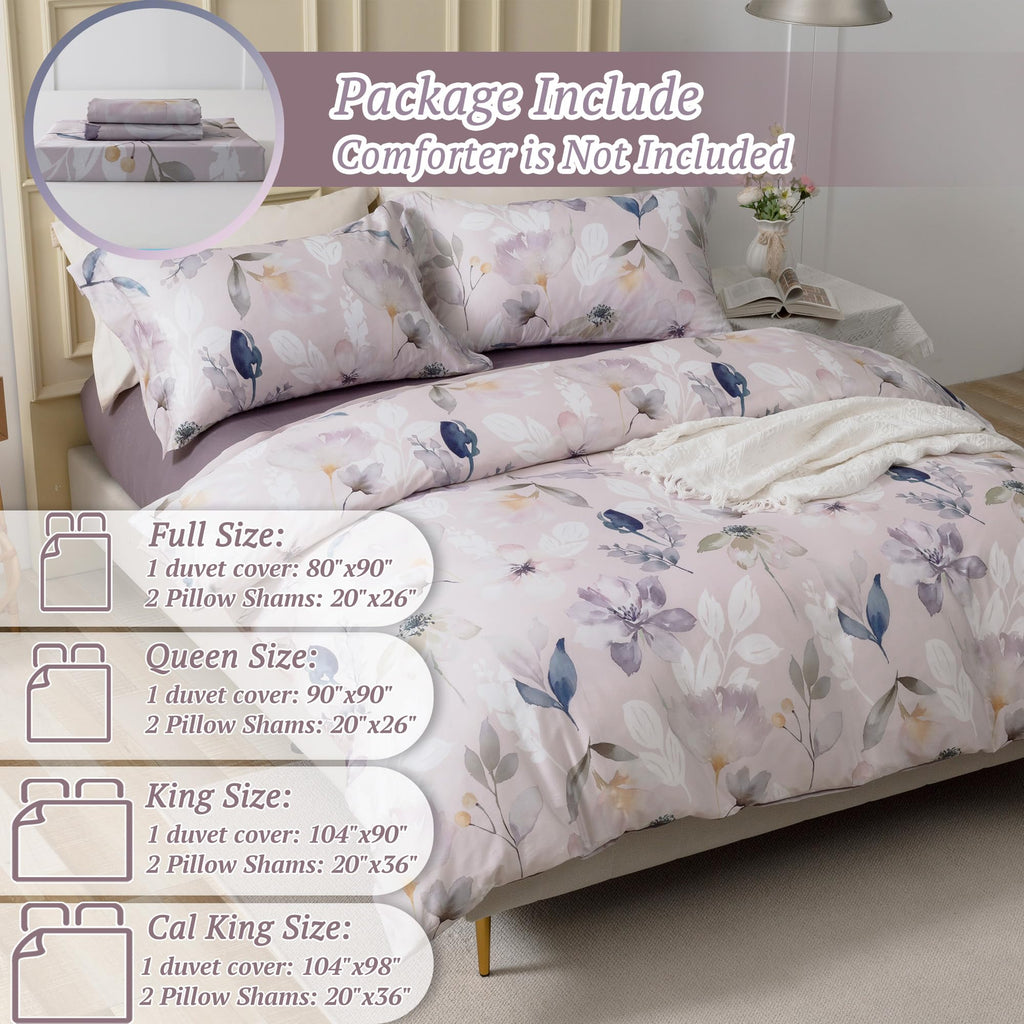 Mildly 100% Long-Staple Cotton Duvet Cover Set Light Gray Pink Floral Leaf Pattern Printed Comforter Cover 3Pcs, Ultra Soft & Br