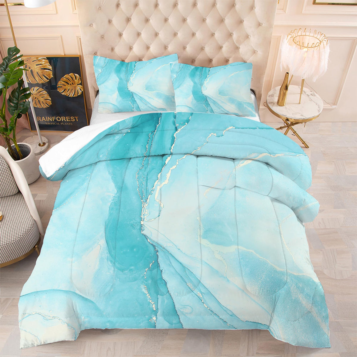 Edgzko Comforter Set Blue Marble: Full Size Aqua Blue Bedding Sets For Teen Girls Kids Women Bedroom Abstract Baby Blue Marbling