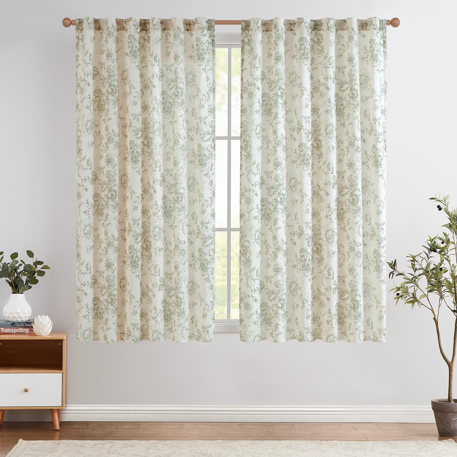 Jinchan Linen Blend Curtains Floral Curtains For Living Room 45 Inch Length Sage Green Printed Curtains Rod Pocket Back Tab Farmhouse Peony Flower Patterned Drapes Bedroom Window Curtain Set 2 Panels