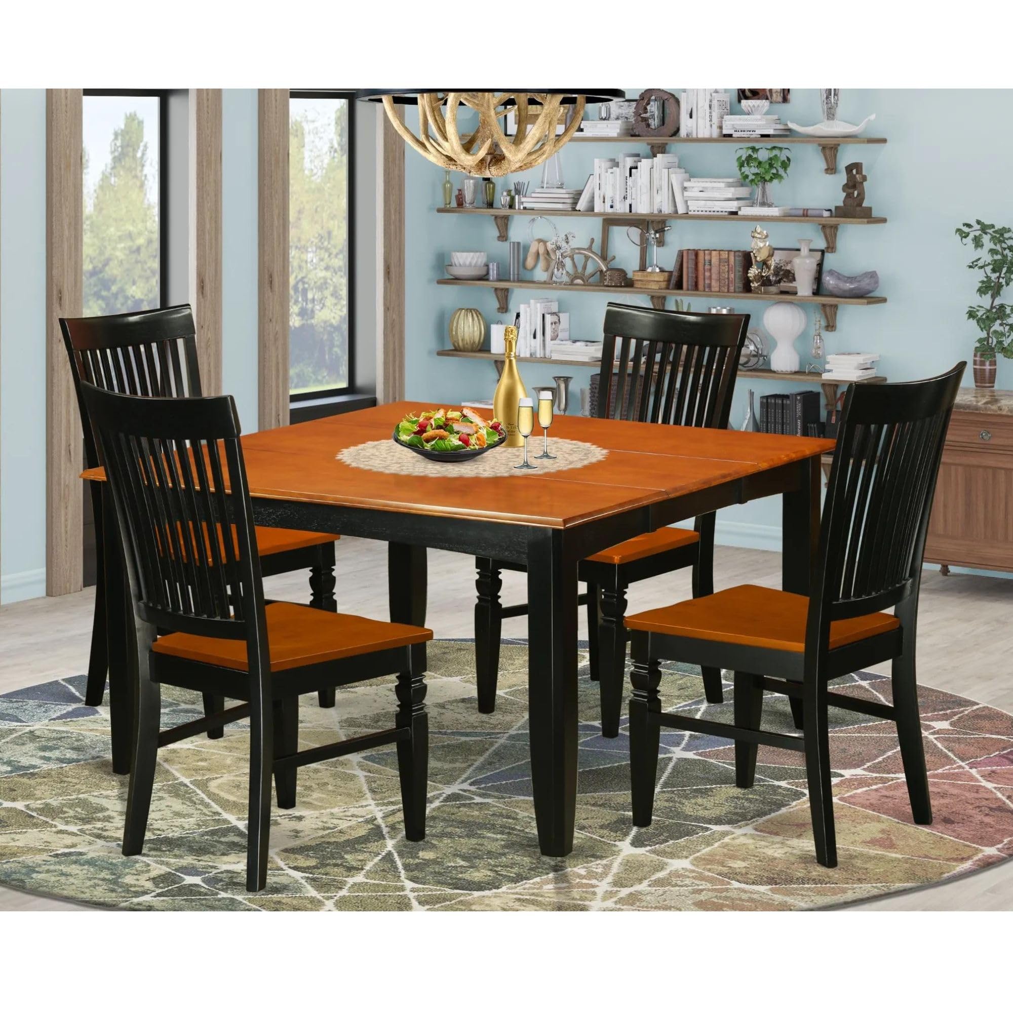 East West Furniture PFWE5-BCH-W 5 Piece Kitchen Table Set for 4 Includes a Square Dining Room Table with Butterfly Leaf and 4 Dining Chairs, 54x54 Inch, Black & Cherry