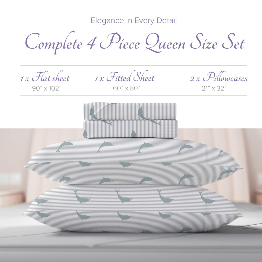 Carressa Linen Luxury Egyptian Cotton Queen Printed Sheet Set - 600 Thread Count Extra Long Staple 4 Pc Set, Dolphin Dance Queen