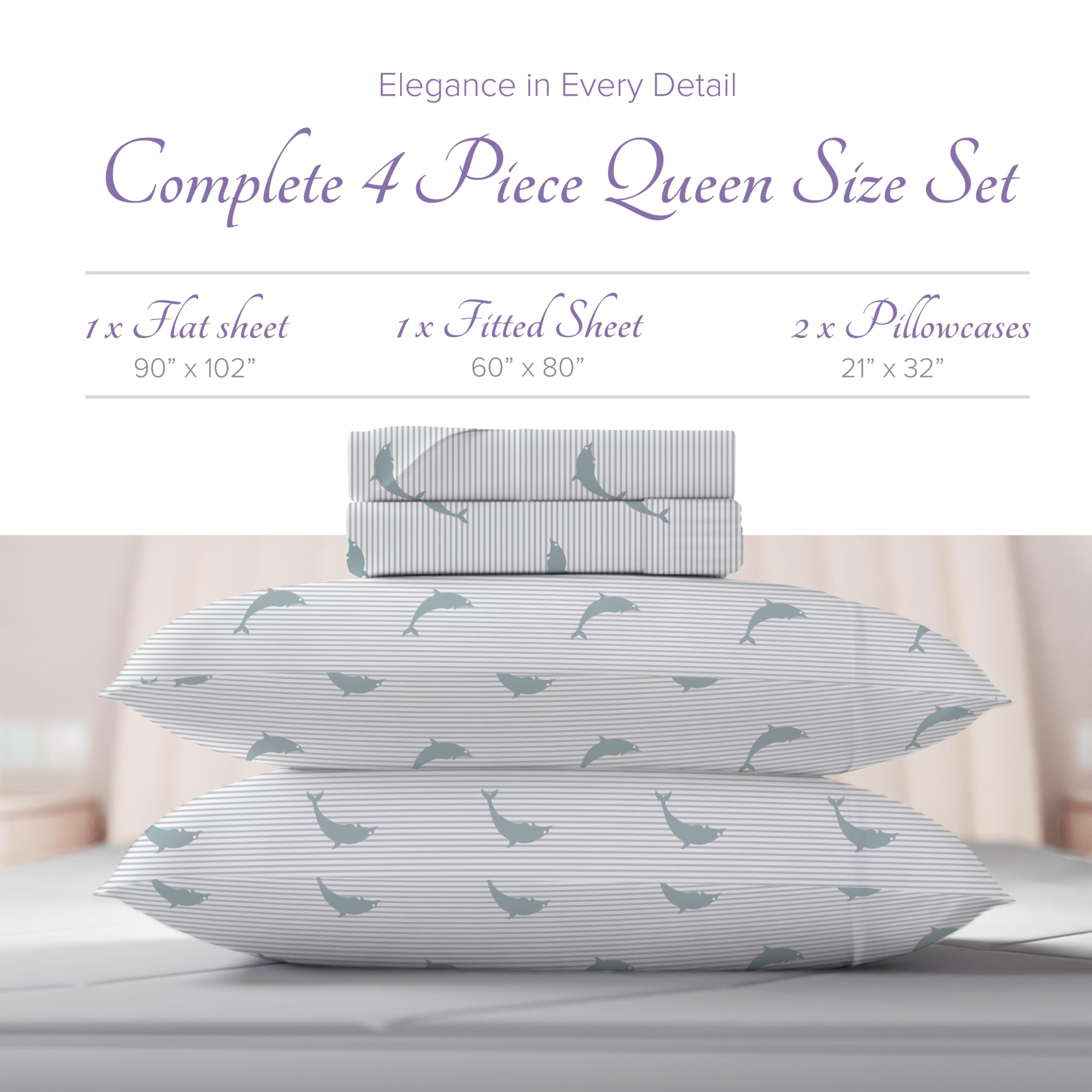 Carressa Linen Luxury Egyptian Cotton Queen Printed Sheet Set - 600 Thread Count Extra Long Staple 4 Pc Set, Dolphin Dance Queen