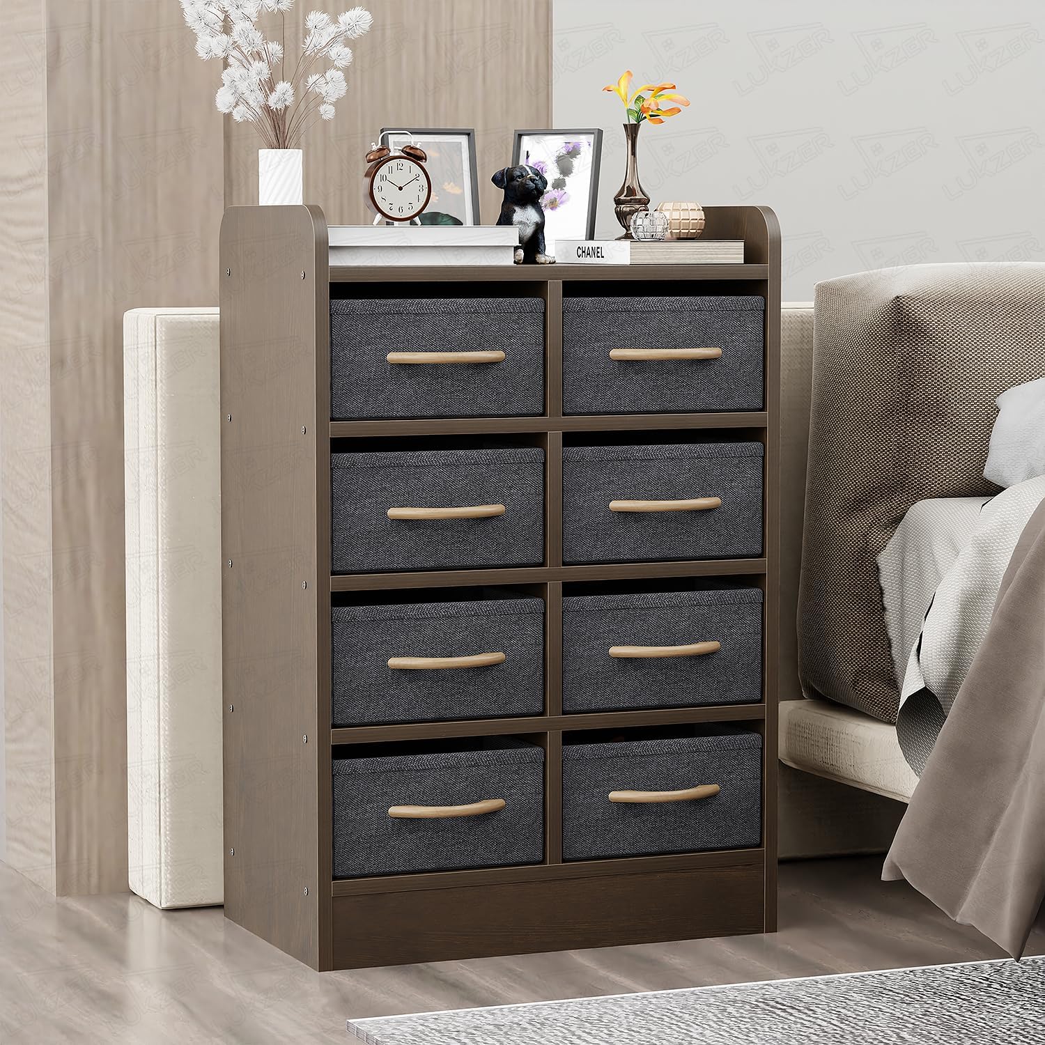 Lukzer 8Drawer Multipurpose Organizer | Engineered Wood Frame & Fabric Storage Drawers | Wooden Chest For Bedroom,Closet, Livin