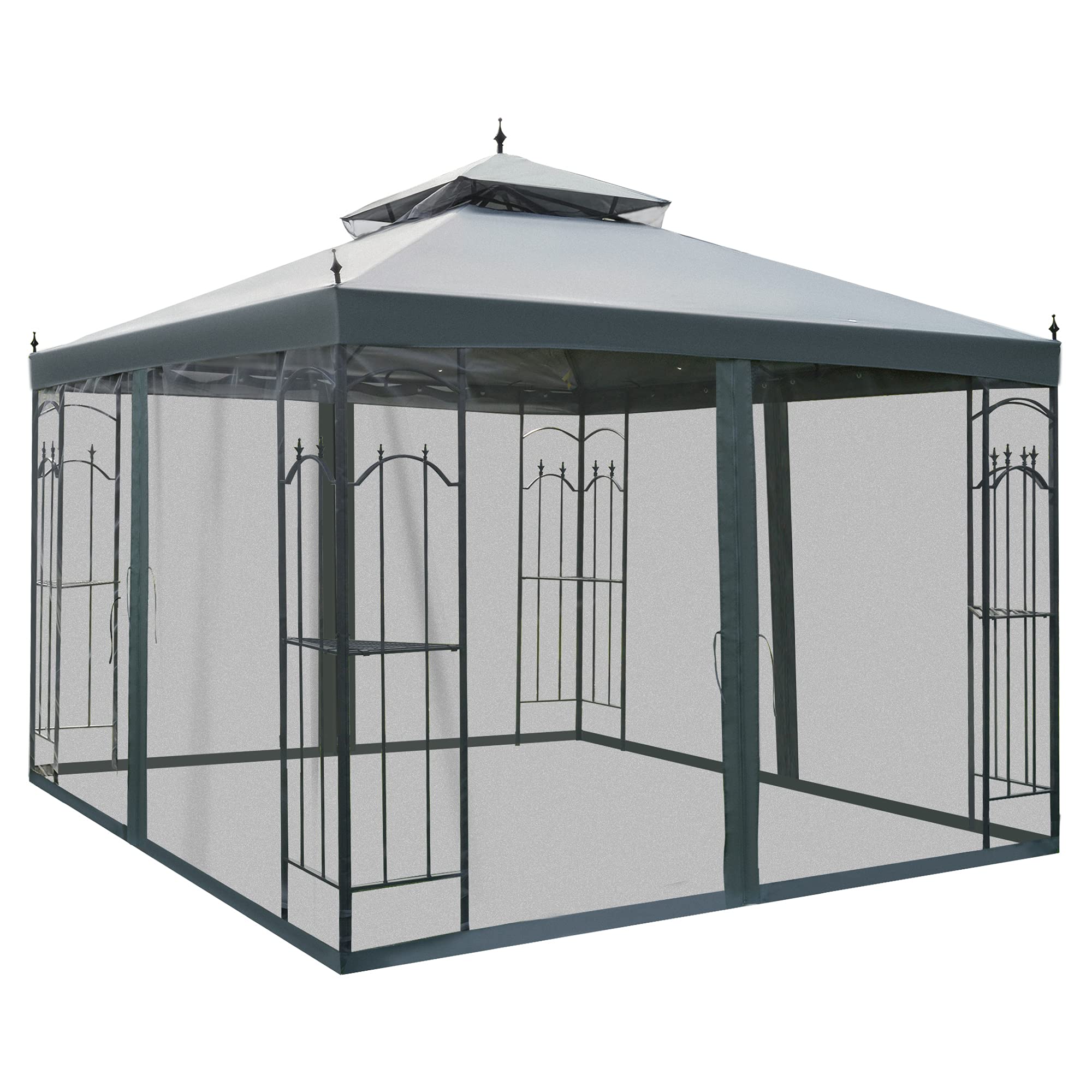 Outsunny 10' X 10' Patio Gazebo With Corner Frame Shelves, Double Roof Outdoor Gazebo Canopy Shelter With Netting For Patio, Wed