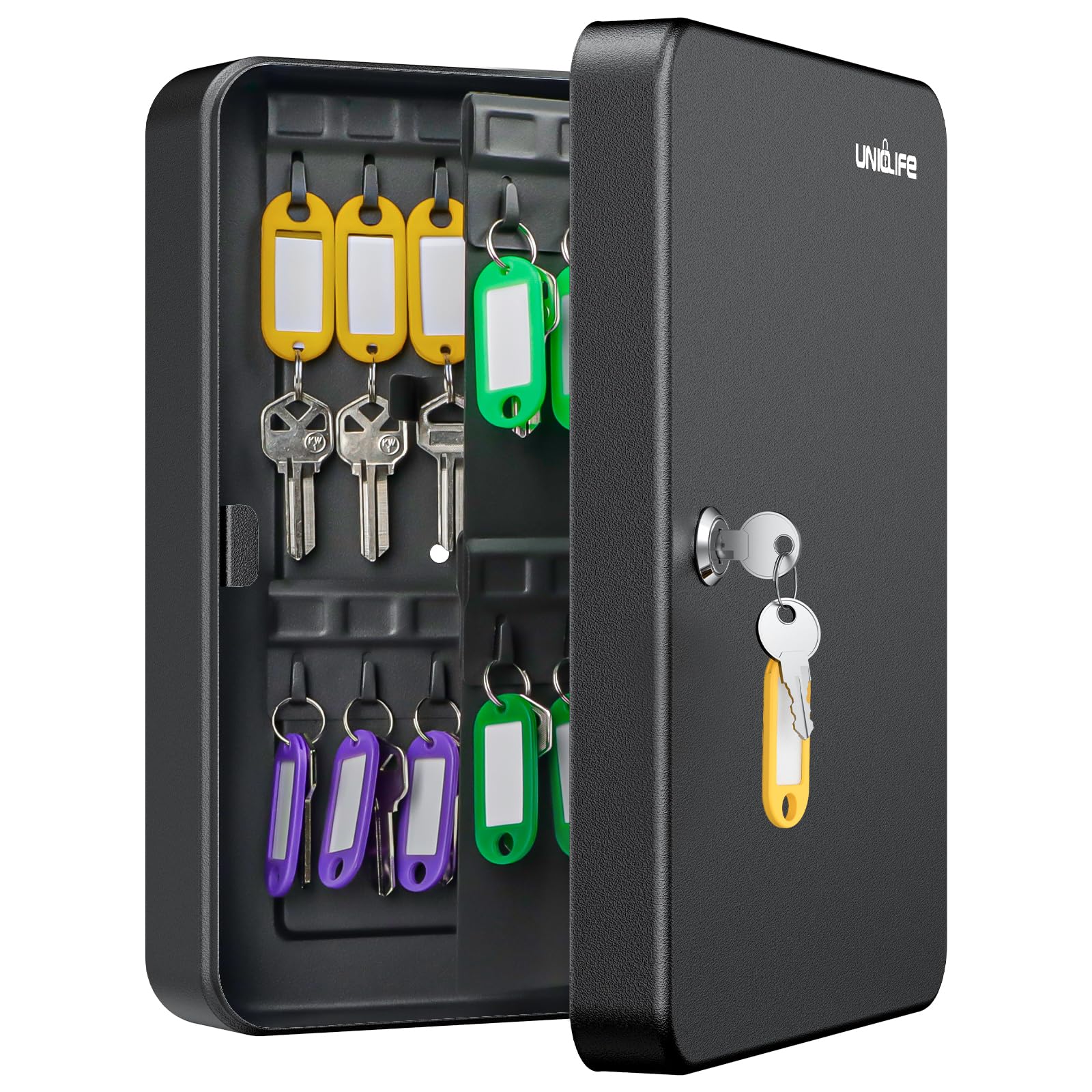 Uniclife 60 Position Key Cabinet With Key Lock Wall Mounted Black Security Storage Box Steel Key Organizer With Colorful Key Tag