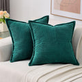 Haussy Teal Throw Pillow Covers 18X18 Inch Set Of 2,Soft Solid Corduroy Striped/Wide Bordered,Square Decorative Cushion Case,Win