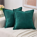 Haussy Teal Throw Pillow Covers 18X18 Inch Set Of 2,Soft Solid Corduroy Striped/Wide Bordered,Square Decorative Cushion Case,Win
