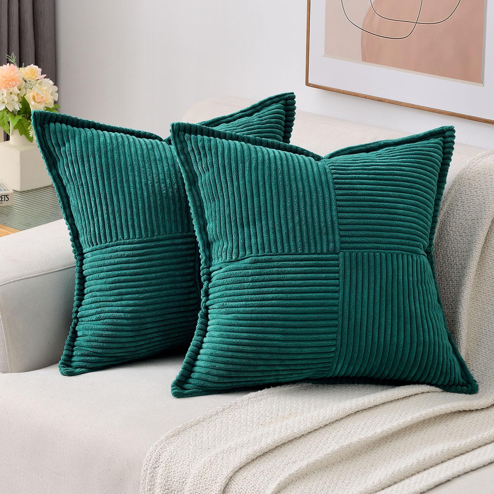 Haussy Teal Throw Pillow Covers 18X18 Inch Set Of 2,Soft Solid Corduroy Striped/Wide Bordered,Square Decorative Cushion Case,Win
