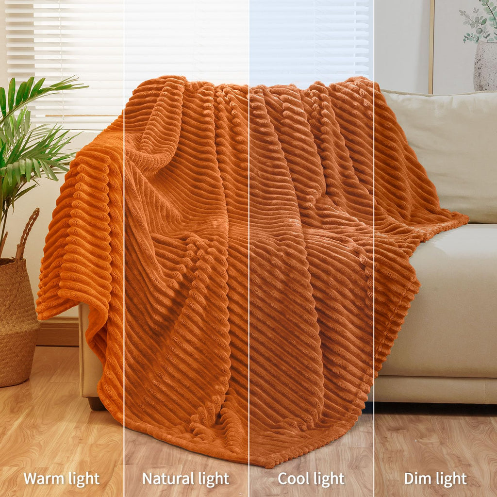 Bnuitland Burnt Orange Flannel Throw (50X71 Inches) With Throw Pillow Cover(18  18''),300Gsm Super Soft Fleece Stripe Pattern So