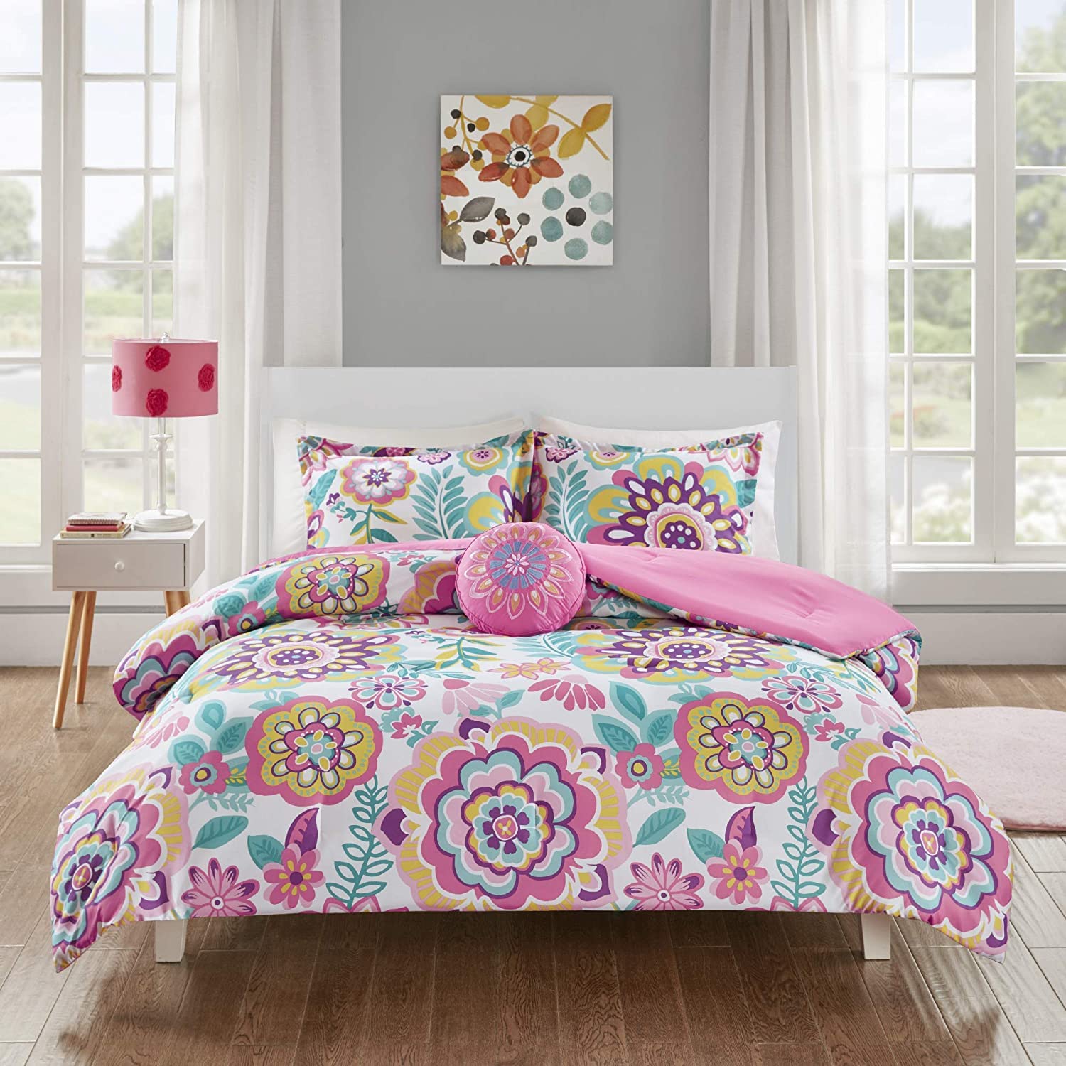 Mi Zone Camille Comforter Set, Vibrant Flowers Design All Season Teen Bedding, Matching Sham, Decorative Pillow, Girls Bedroom D