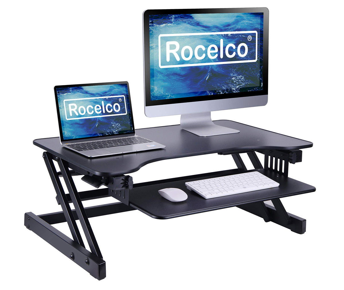 Rocelco 32&quot; Height Adjustable Standing Desk Converter - Quick Sit Stand Up Dual Monitor Riser - Gas Spring Assist Tabletop Computer Workstation - Large Retractable Keyboard Tray - Black (R ADRB)