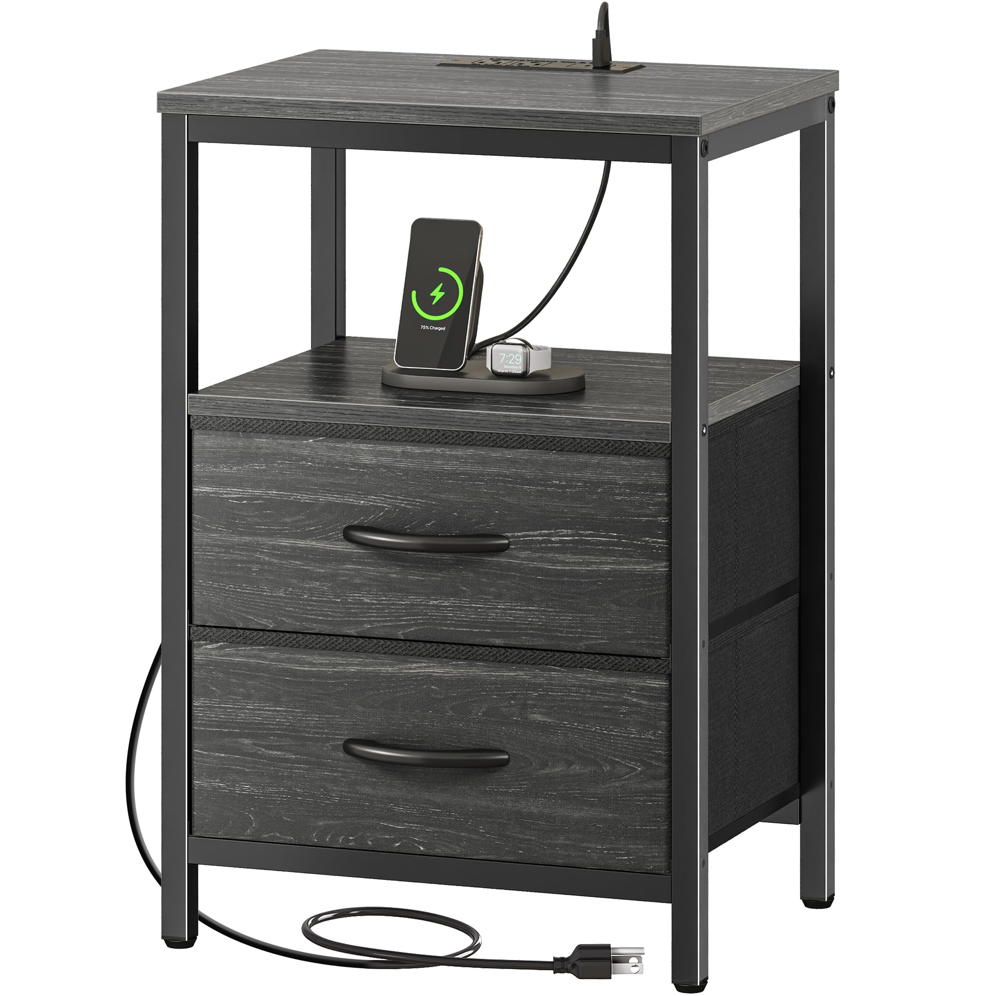 Huuger Nightstand with Charging Station, Fabric Drawers, End Table with Open Shelf, Bedside Table with USB Ports and Outlets, Ni