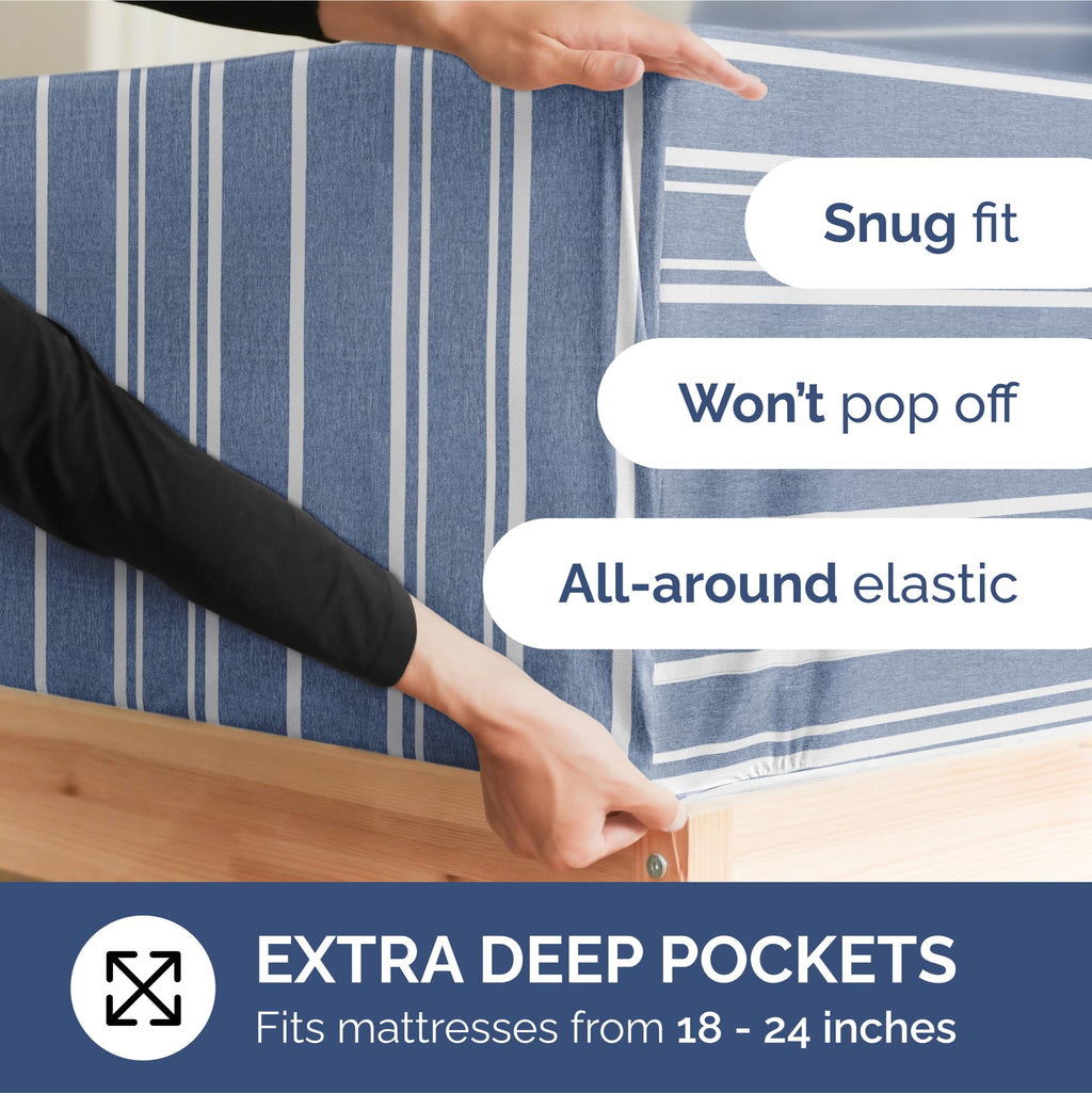 Extra Deep Pocket King Sheets - 4 Piece Breathable & Cooling Bed Sheets - Hotel Luxury Bed Sheet Set - Soft, Wrinkle Free & Comfy - Easily Fits Extra Deep Mattresses - Deep Pocket Blue Striped Sheets