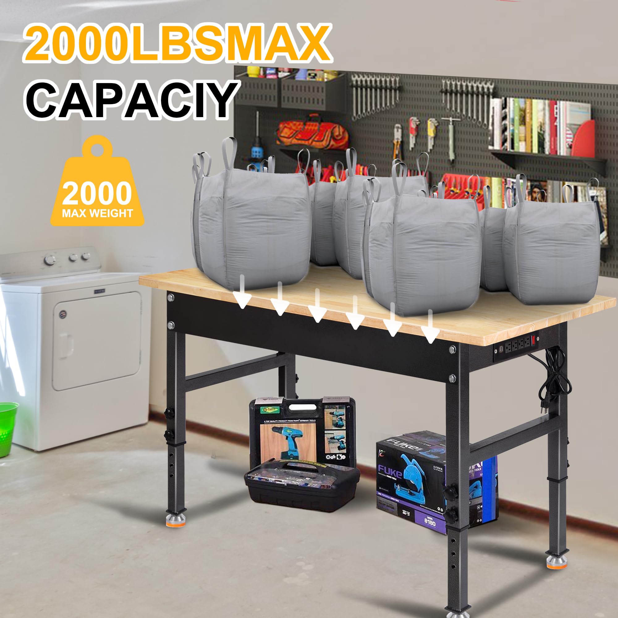 48' Adjustable Work Bench, Rubber Wood Top Workbench Heavy-Duty Work Table With Power Outlet, 2000 Lbs Load Capacity Hardwood Work Benches For Garage, Workshop, Home, Office, Easy Assembly