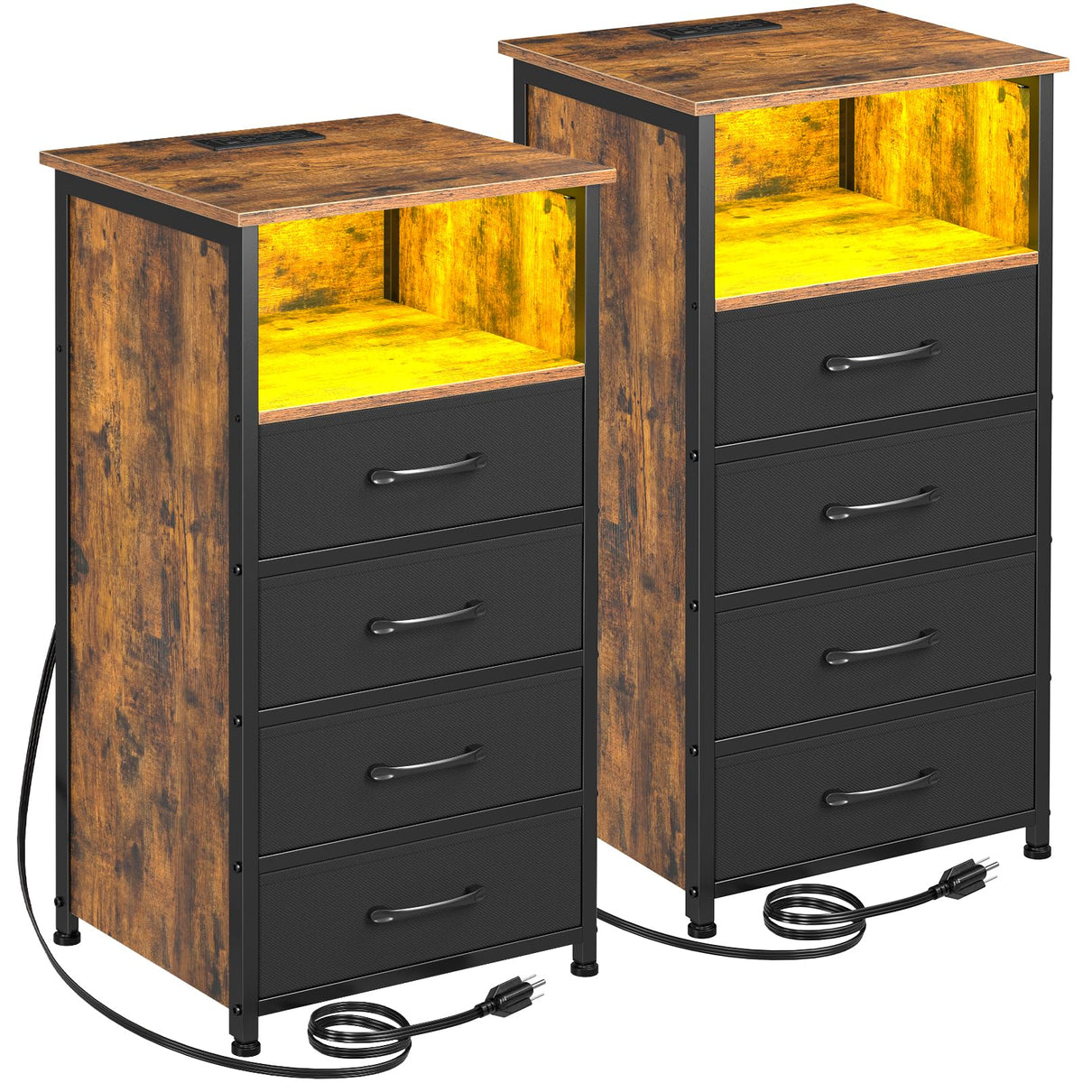 Loakekel Night Stand, Tall Nightstand Set Of 2 With Charging Station, Dresser For Bedroom With 4 Drawers, Led End Tables With Usb Ports And Outlets, Bedside Table With Storage Bins, Brown, Hns034Br