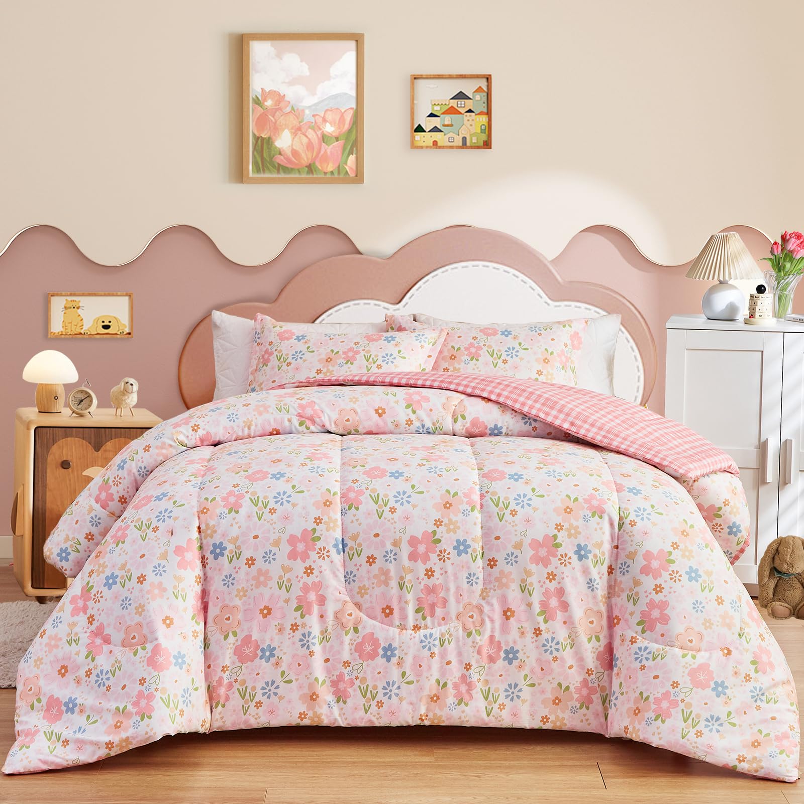 Joyreap 3Pcs Floral Cotton Comforter Set For Girls, Pink Flowers Design, Twin Size Soft N Cozy Bedding Comforter Set For All Sea