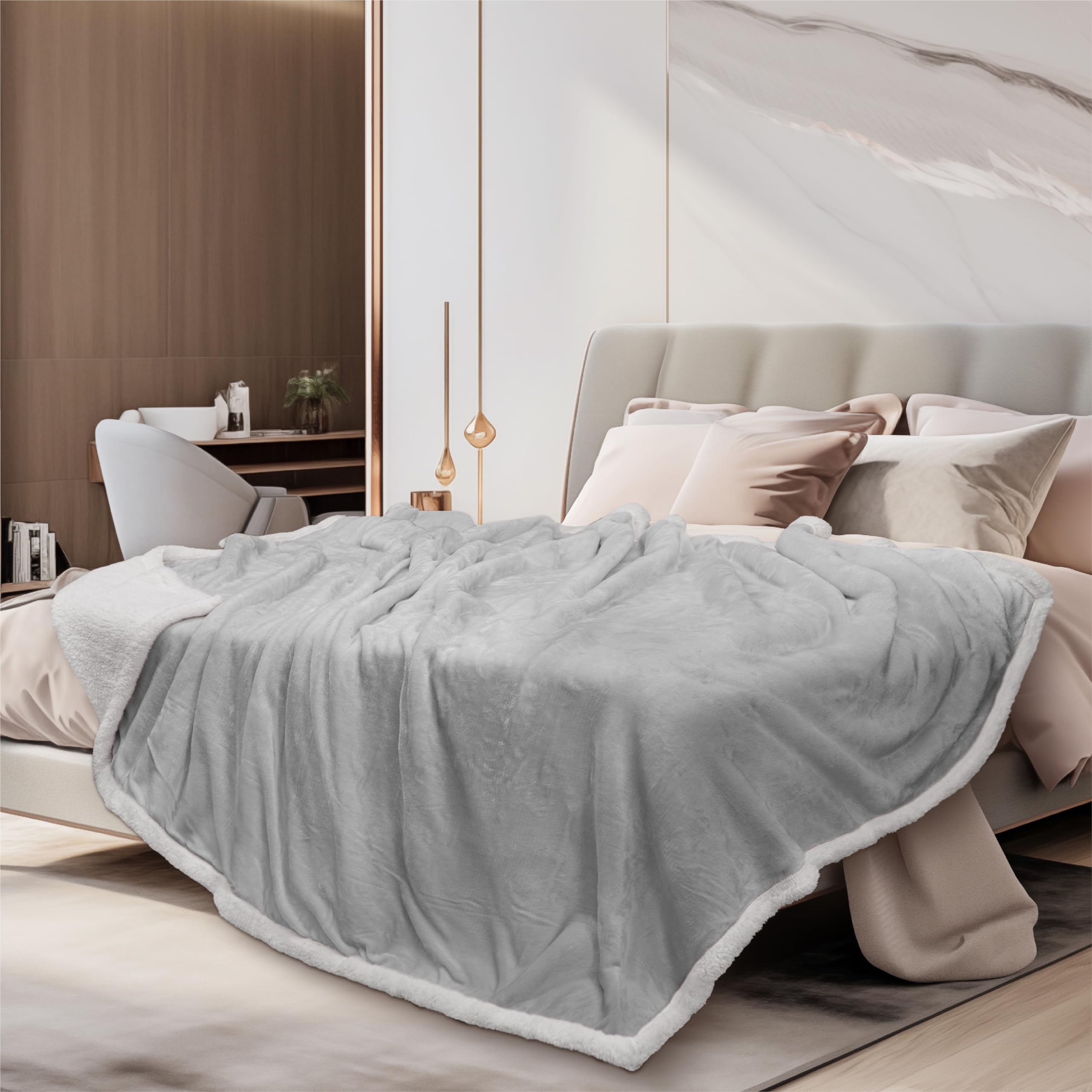 Pavilia Light Grey Sherpa Fleece Throw Blanket For Couch Twin, Soft Thick Bed Blanket Sofa, Cozy Warm Throw Blanket All Season,